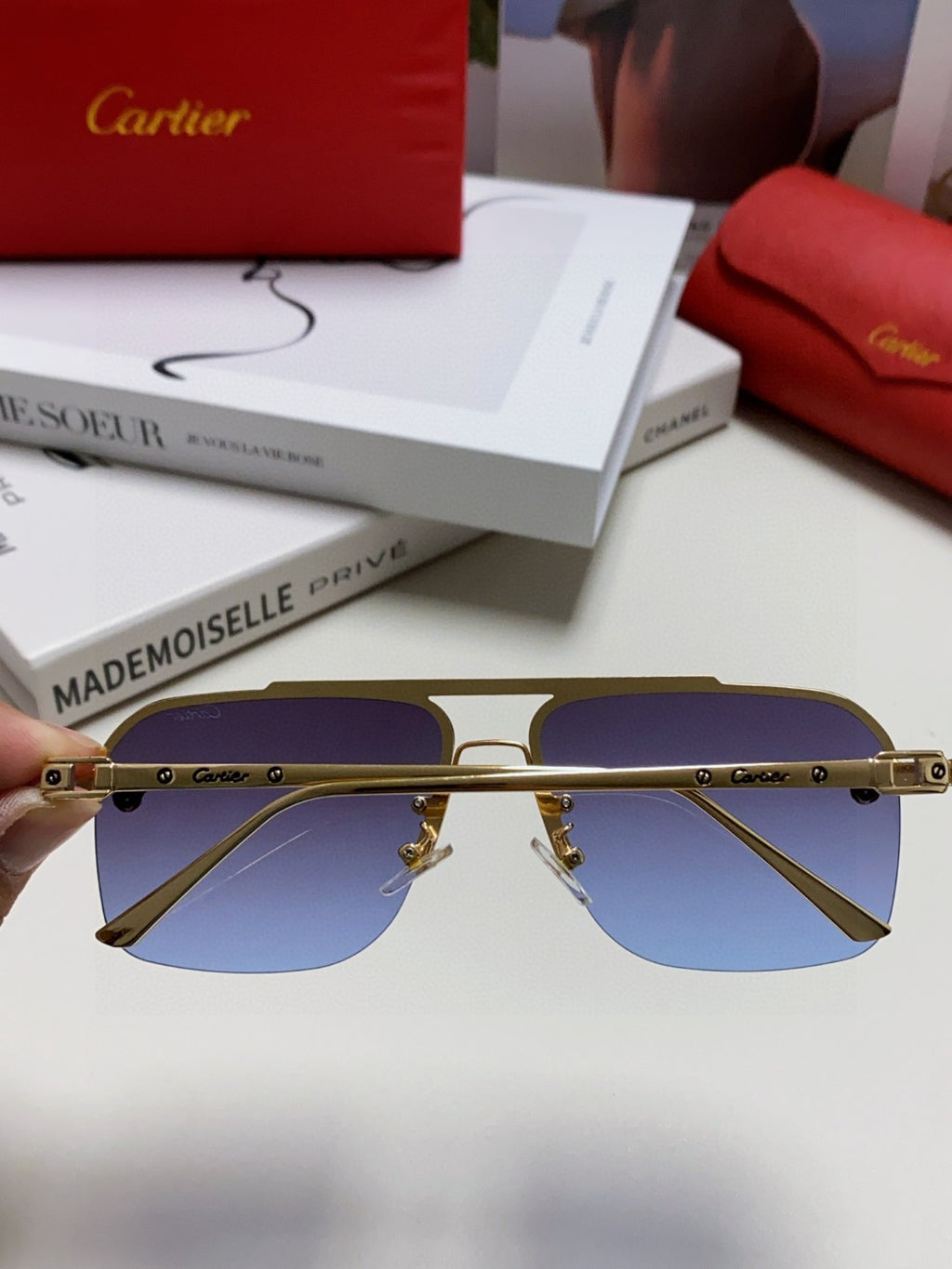 Cartier Lightweight Rimless Blue Lens Sunglasses for Men & Women - 449445 - detail image 4
