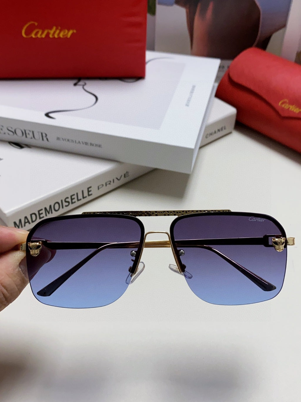 Cartier Lightweight Rimless Blue Lens Sunglasses for Men & Women - 449445 - detail image 3