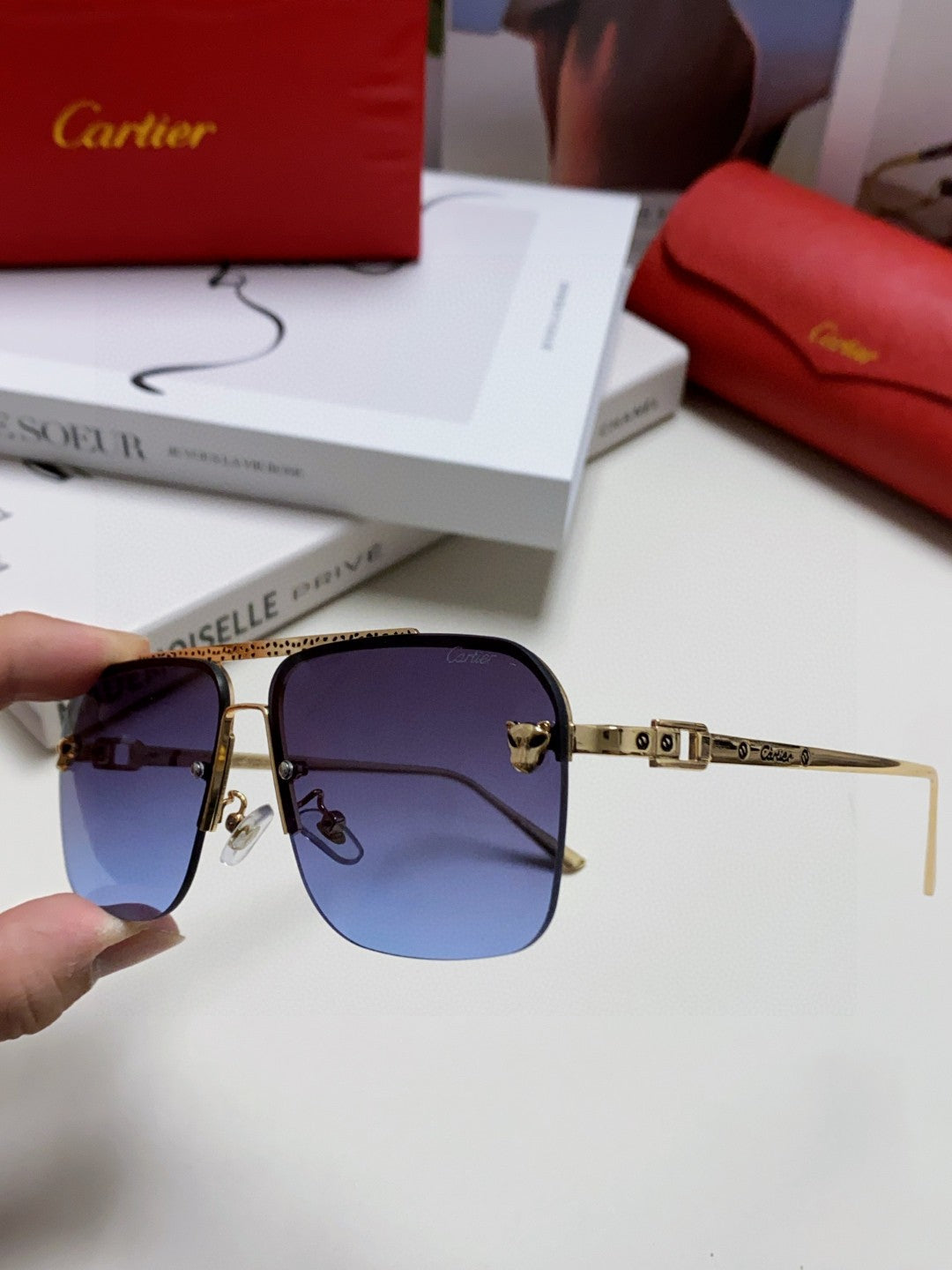 Cartier Lightweight Rimless Blue Lens Sunglasses for Men & Women - 449445 - detail image 5