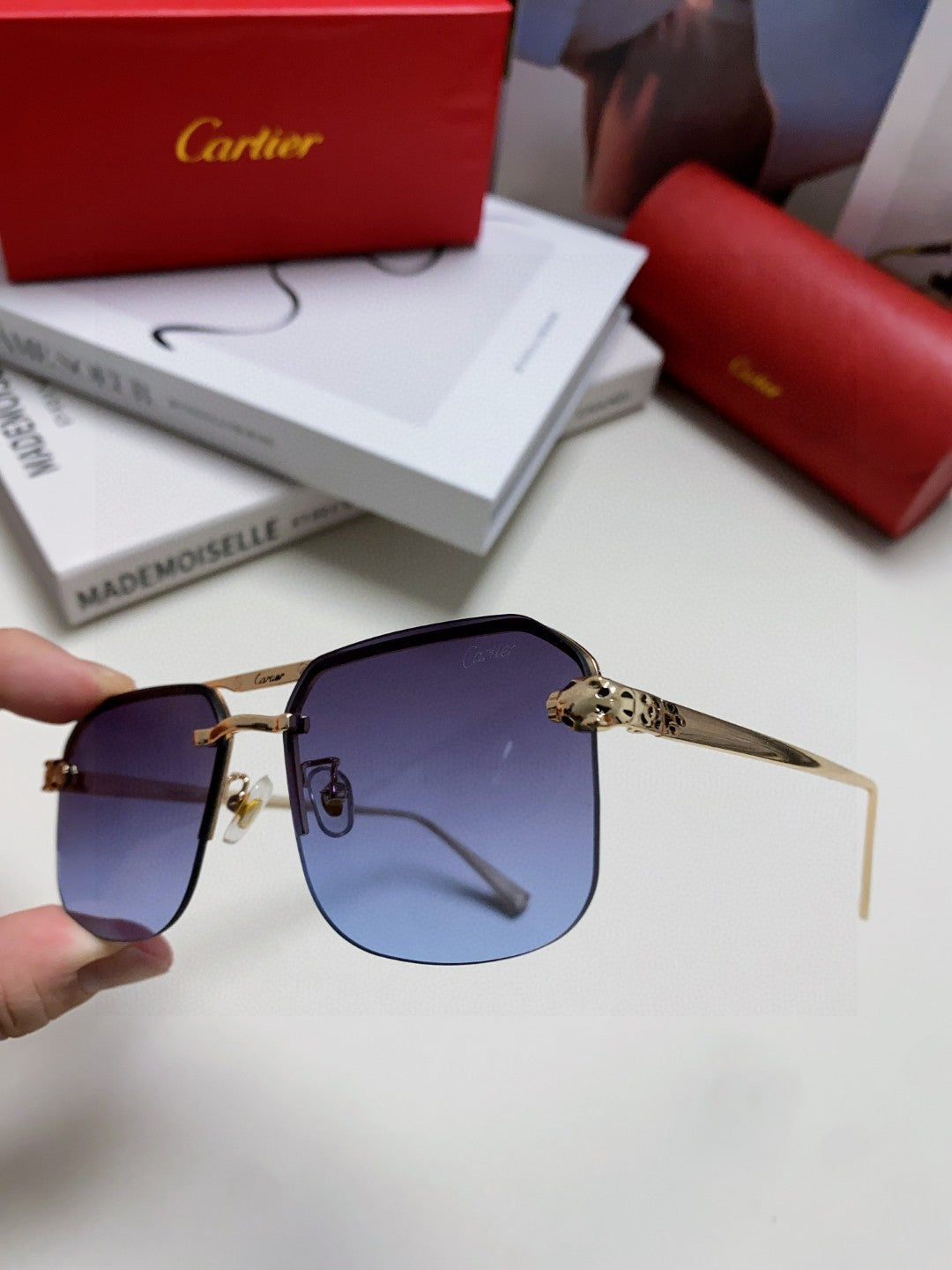 Cartier Metal Square Blue Lens Sunglasses for Men & Women - 449453 - detail image 4