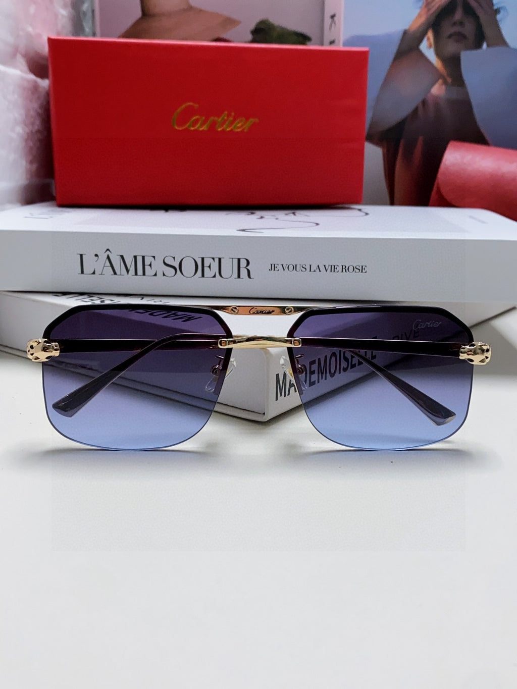 Cartier Metal Square Blue Lens Sunglasses for Men & Women - 415858 - detail image 5