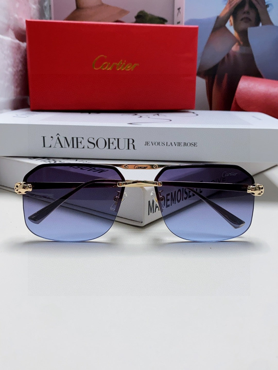 Cartier Metal Square Blue Lens Sunglasses for Men & Women - 415858 - detail image 5