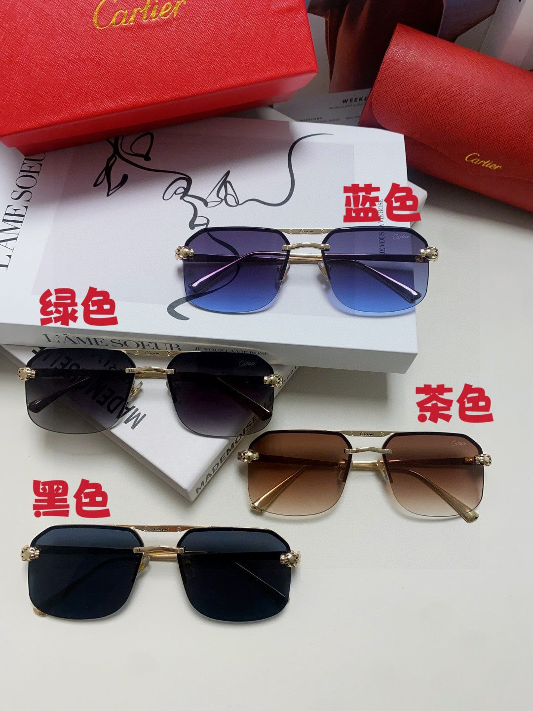 Cartier Metal Square Blue Lens Sunglasses for Men & Women - 449453 - detail image 8