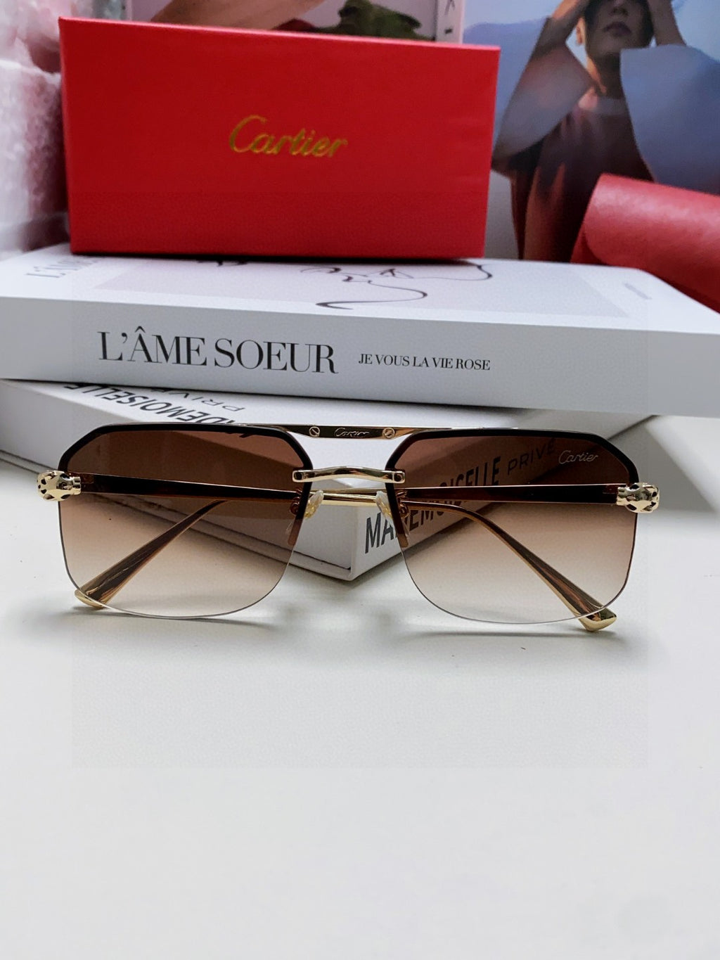 Cartier Metal Square Brown Lens Sunglasses for Men & Women - 449455 - detail image 6