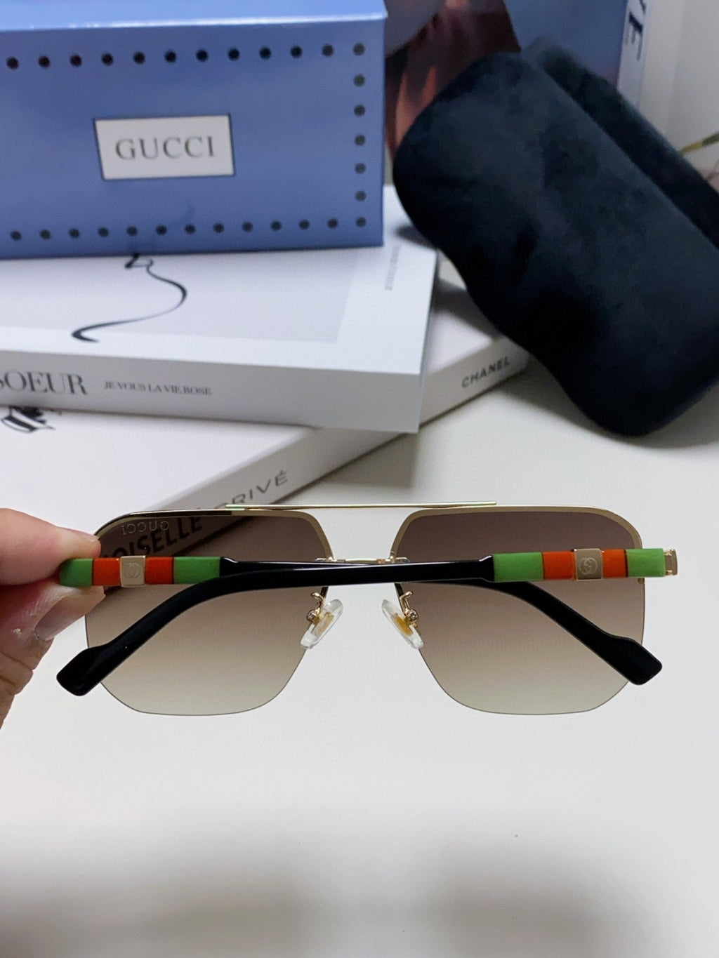 Gucci Lightweight Acetate Rimless Gray Lens Sunglasses for Men & Women - detail image 4