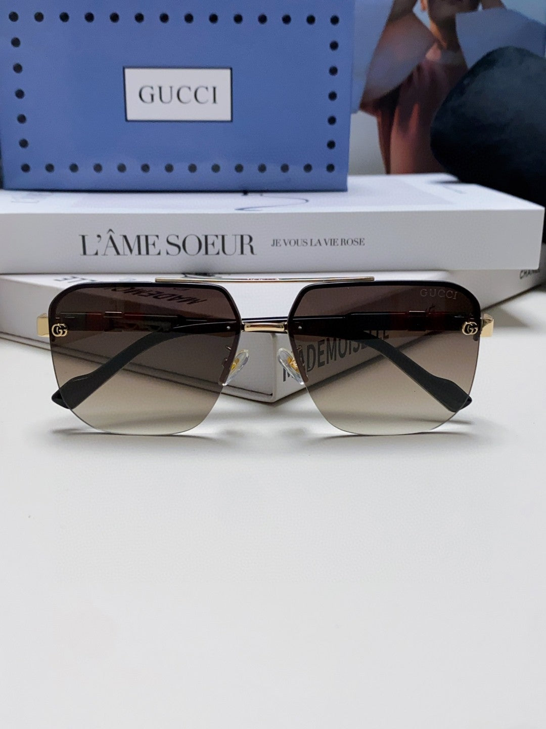 Gucci Lightweight Acetate Rimless Gray Lens Sunglasses for Men & Women - detail image 6