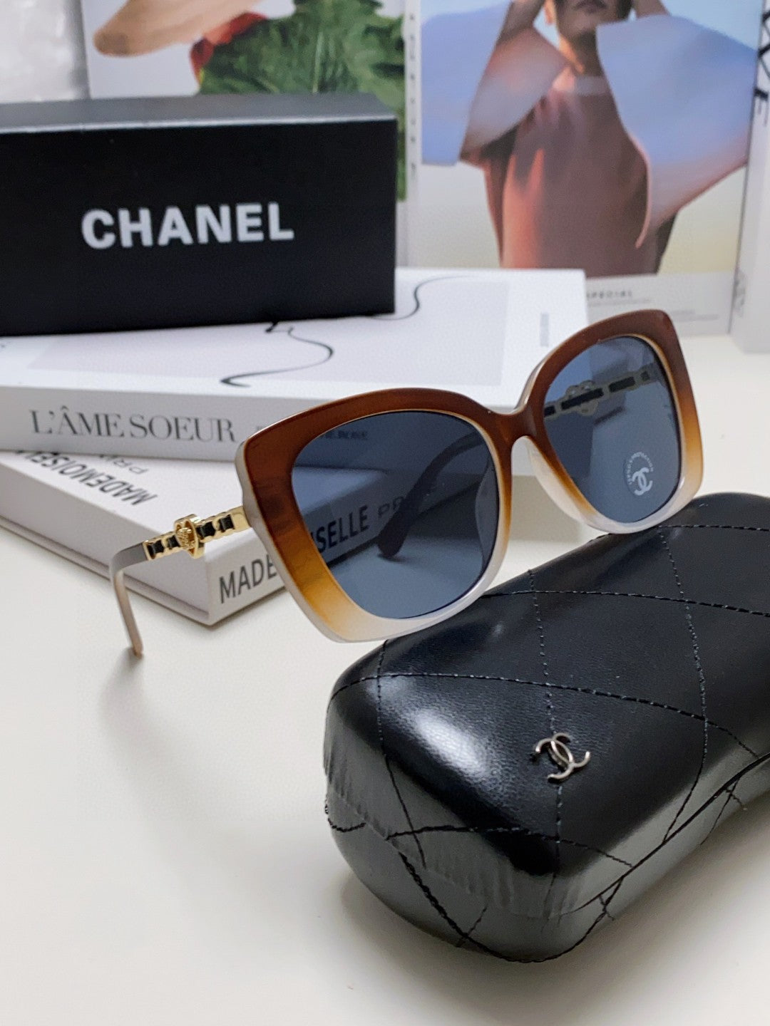 Chanel Metal Cat-Eye Blue Lens Sunglasses for Women - 465047 - detail image 7