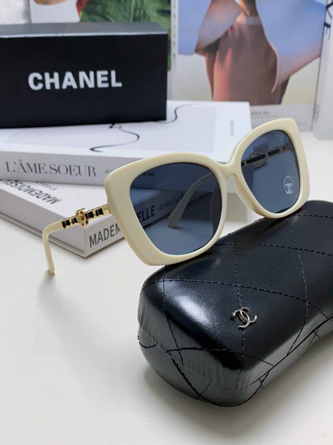 Chanel Metal Cat-Eye Blue Lens Sunglasses for Women - 465049 - detail image 7