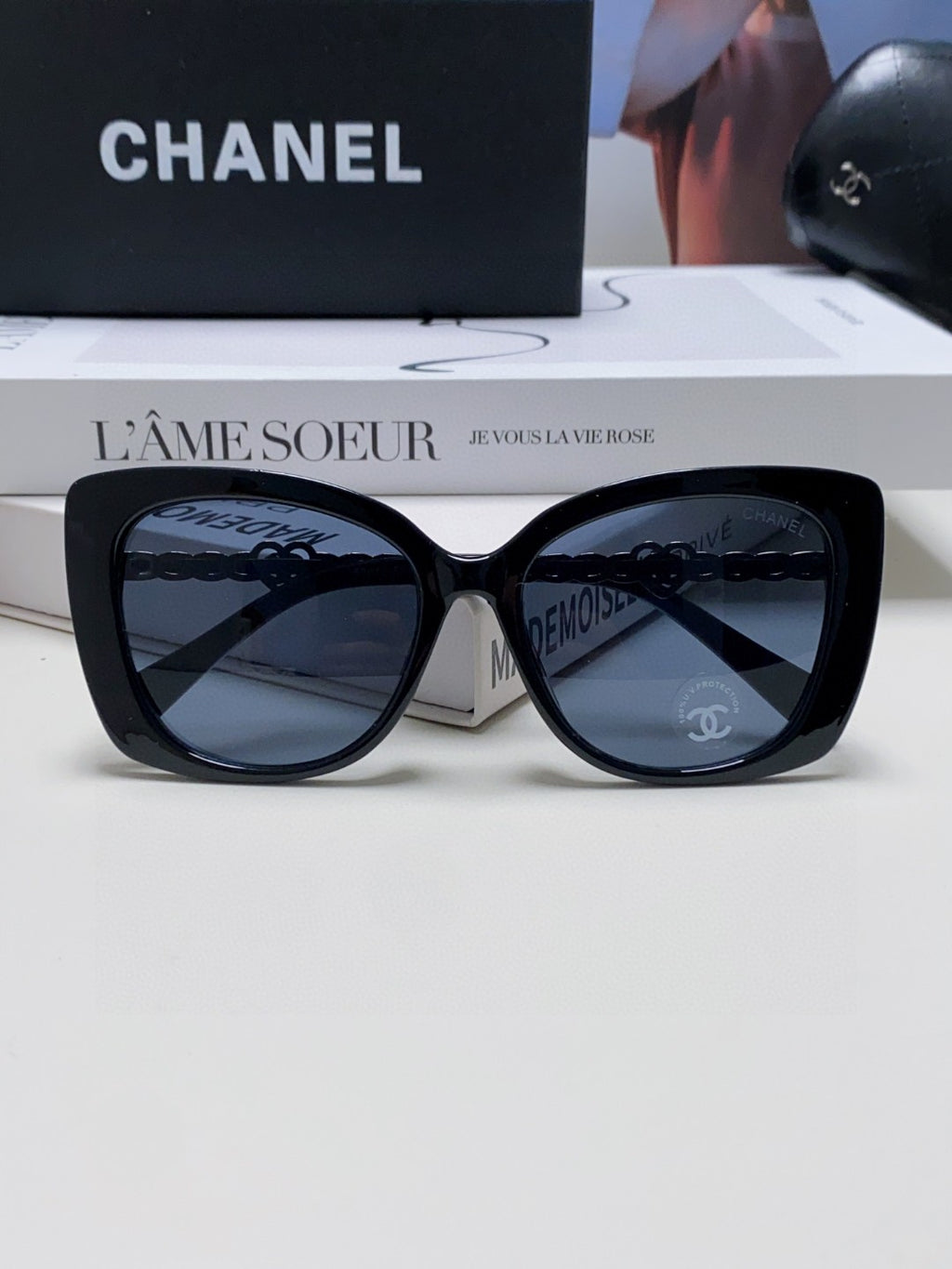 Chanel Metal Cat-Eye Blue Lens Sunglasses for Women - detail image 6