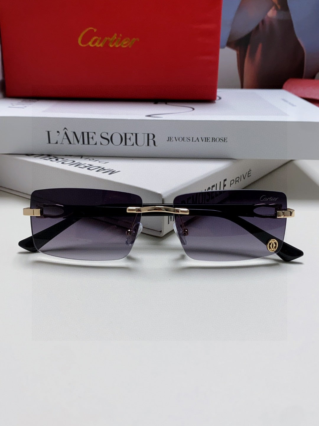 Cartier Blue-Light Rimless Gray Lens Sunglasses for Men & Women - detail image 6