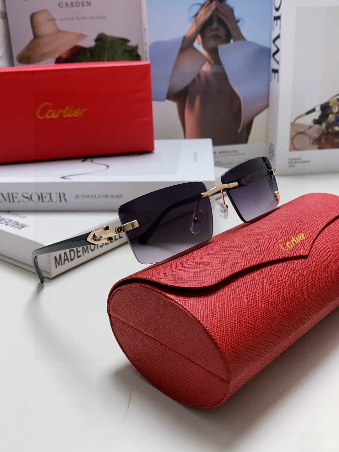 Cartier Blue-Light Rimless Gray Lens Sunglasses for Men & Women - detail image 7