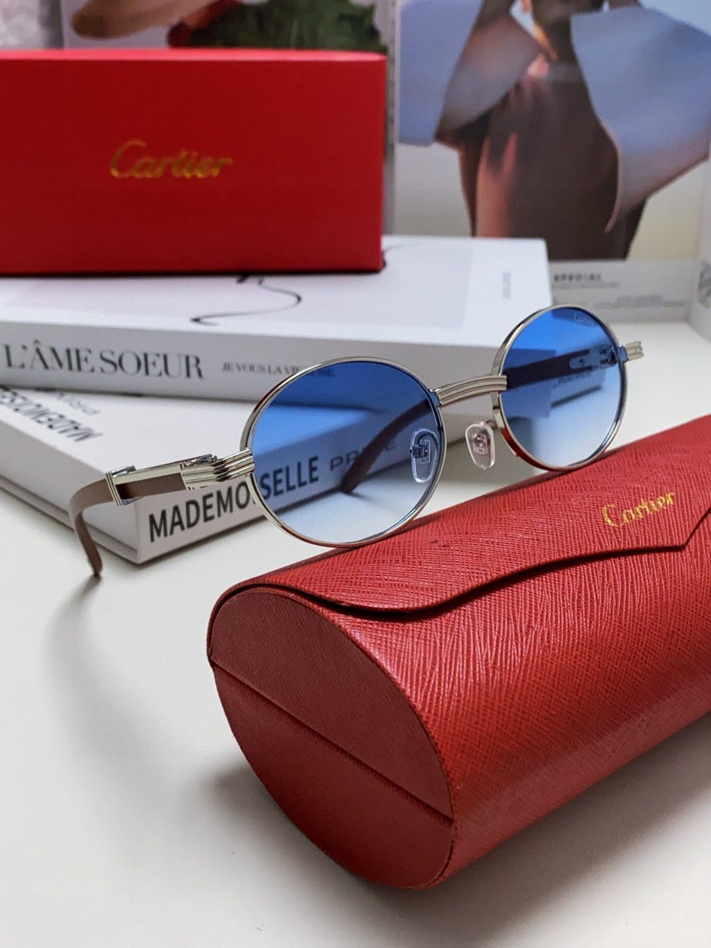 Cartier CT0464S Round Blue Lens Sunglasses for Men & Women - detail image 6