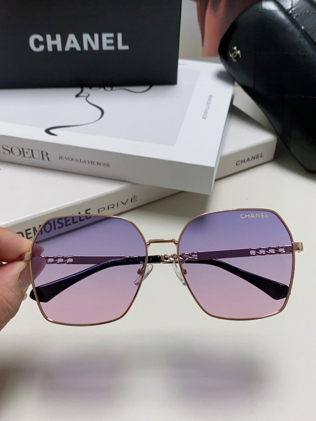 Chanel Metal Oversized Purple Lens Sunglasses for Men & Women - detail image 2