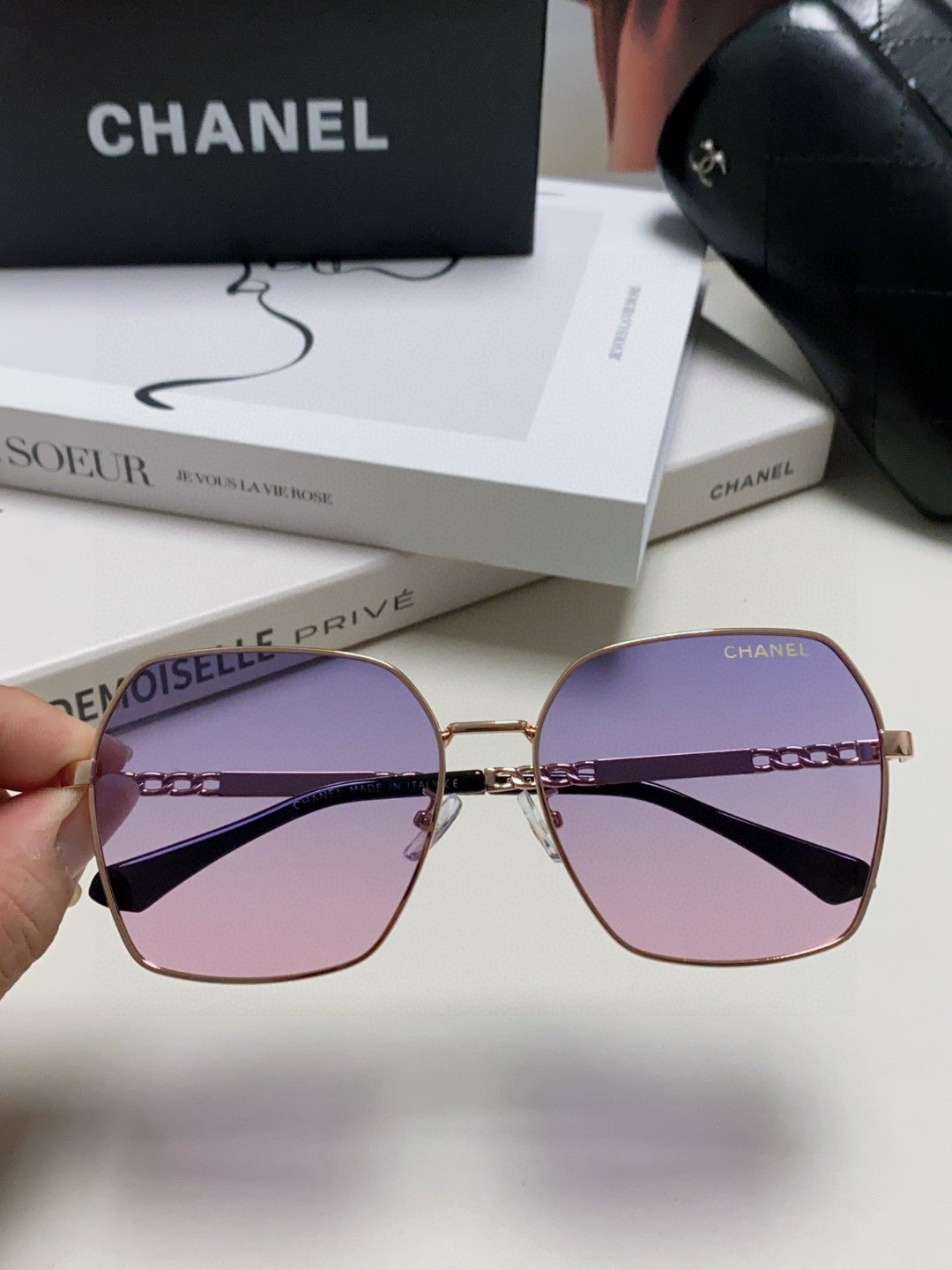 Chanel Metal Oversized Purple Lens Sunglasses for Men & Women - detail image 2