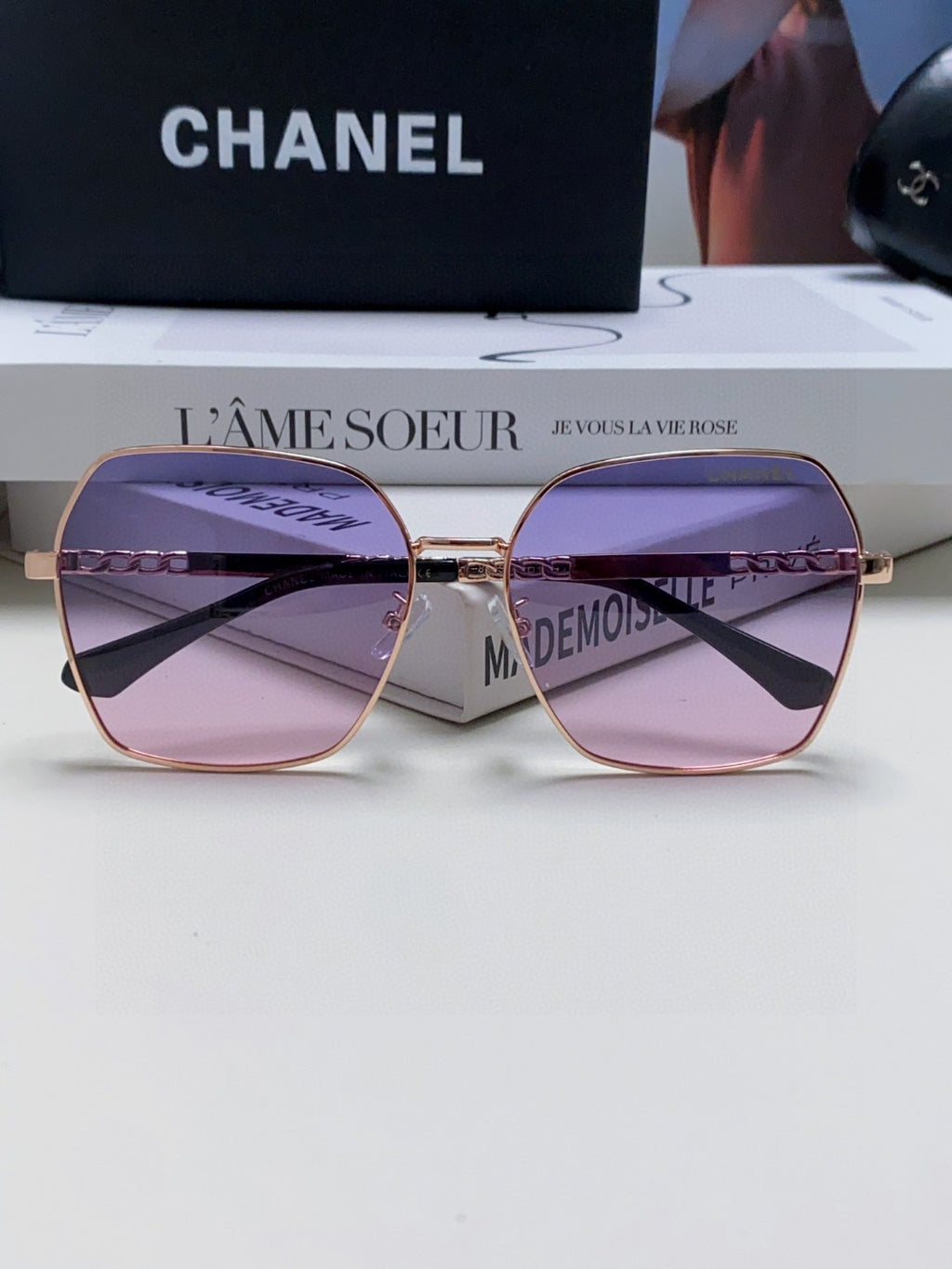 Chanel Metal Oversized Purple Lens Sunglasses for Men & Women - detail image 5