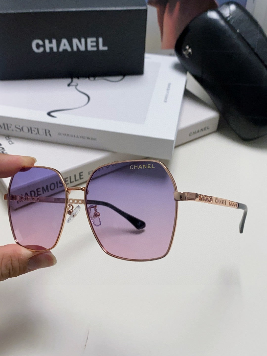 Chanel Metal Oversized Purple Lens Sunglasses for Men & Women - detail image 4