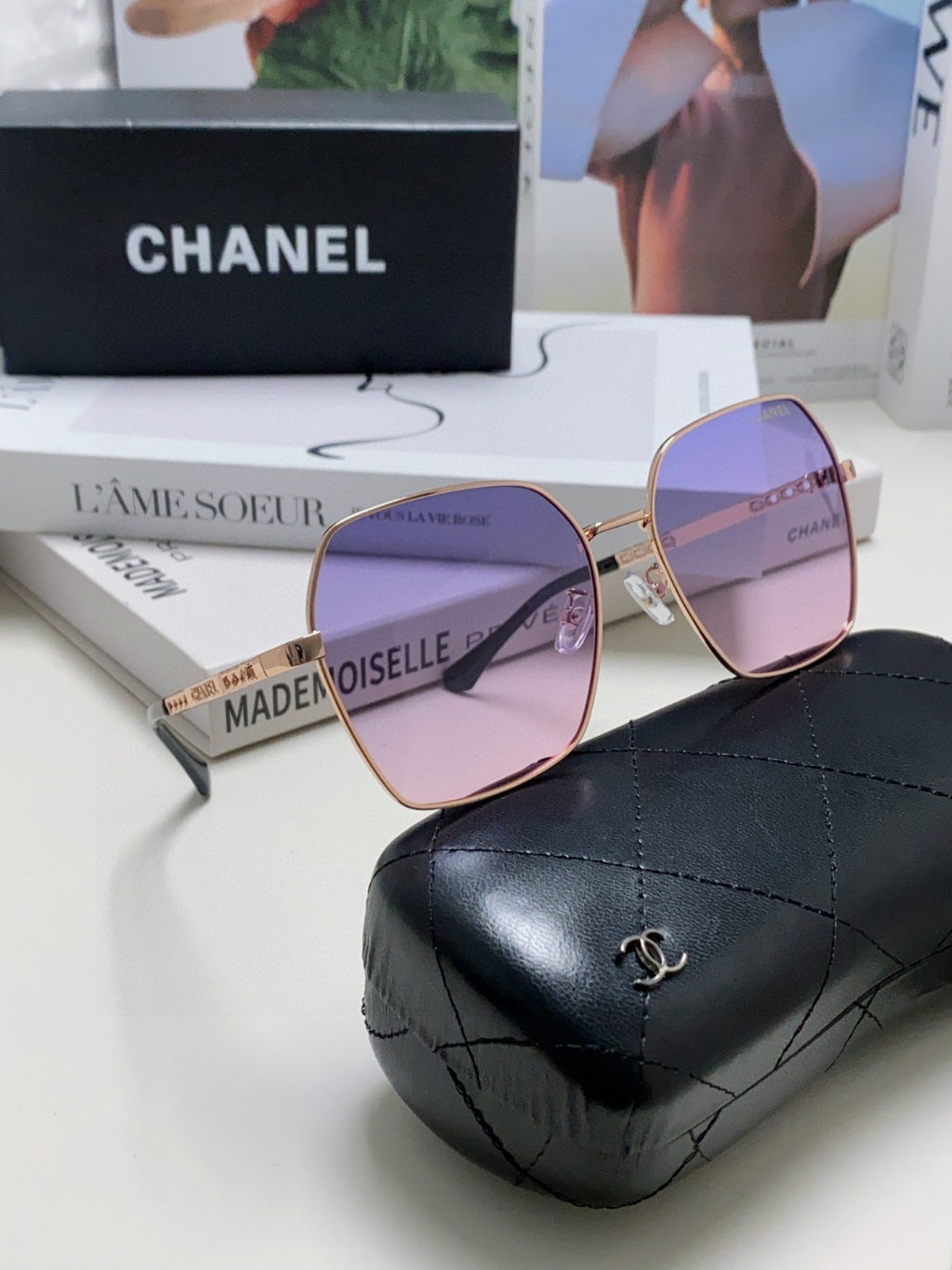 Chanel Metal Oversized Purple Lens Sunglasses for Men & Women - detail image 6