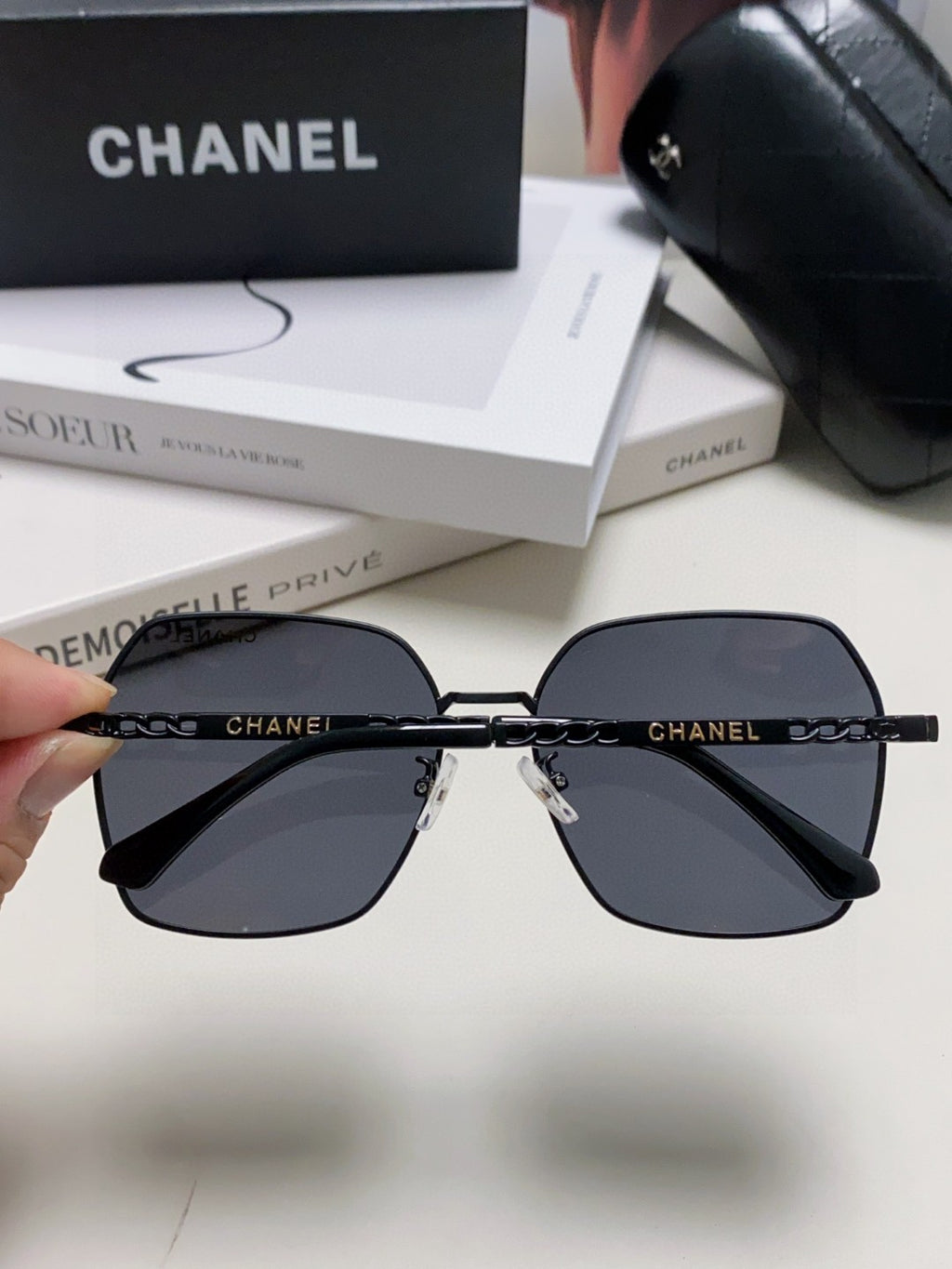 Chanel Metal Oversized Black Lens Sunglasses for Men & Women - detail image 4