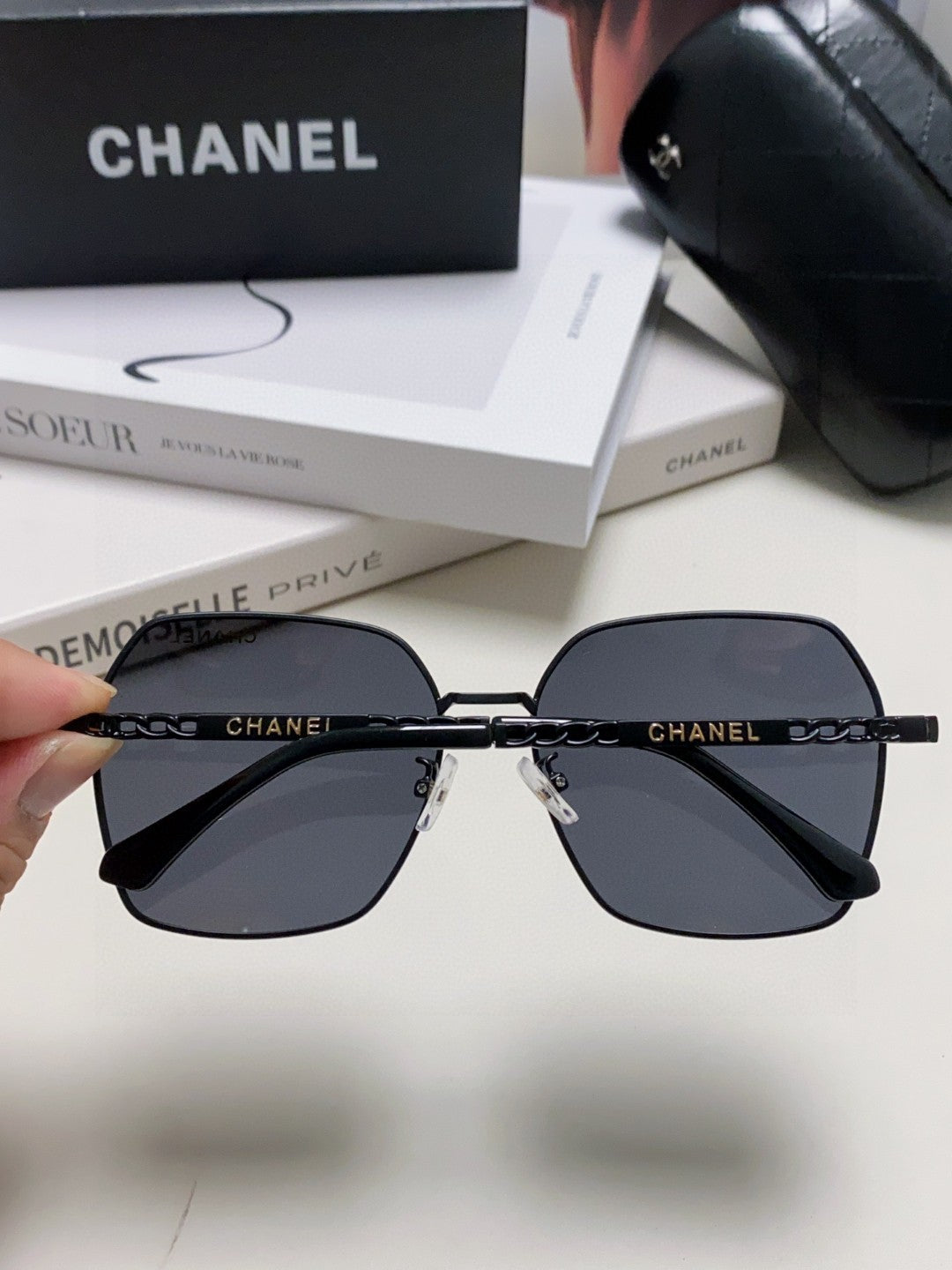 Chanel Metal Oversized Black Lens Sunglasses for Men & Women - detail image 4