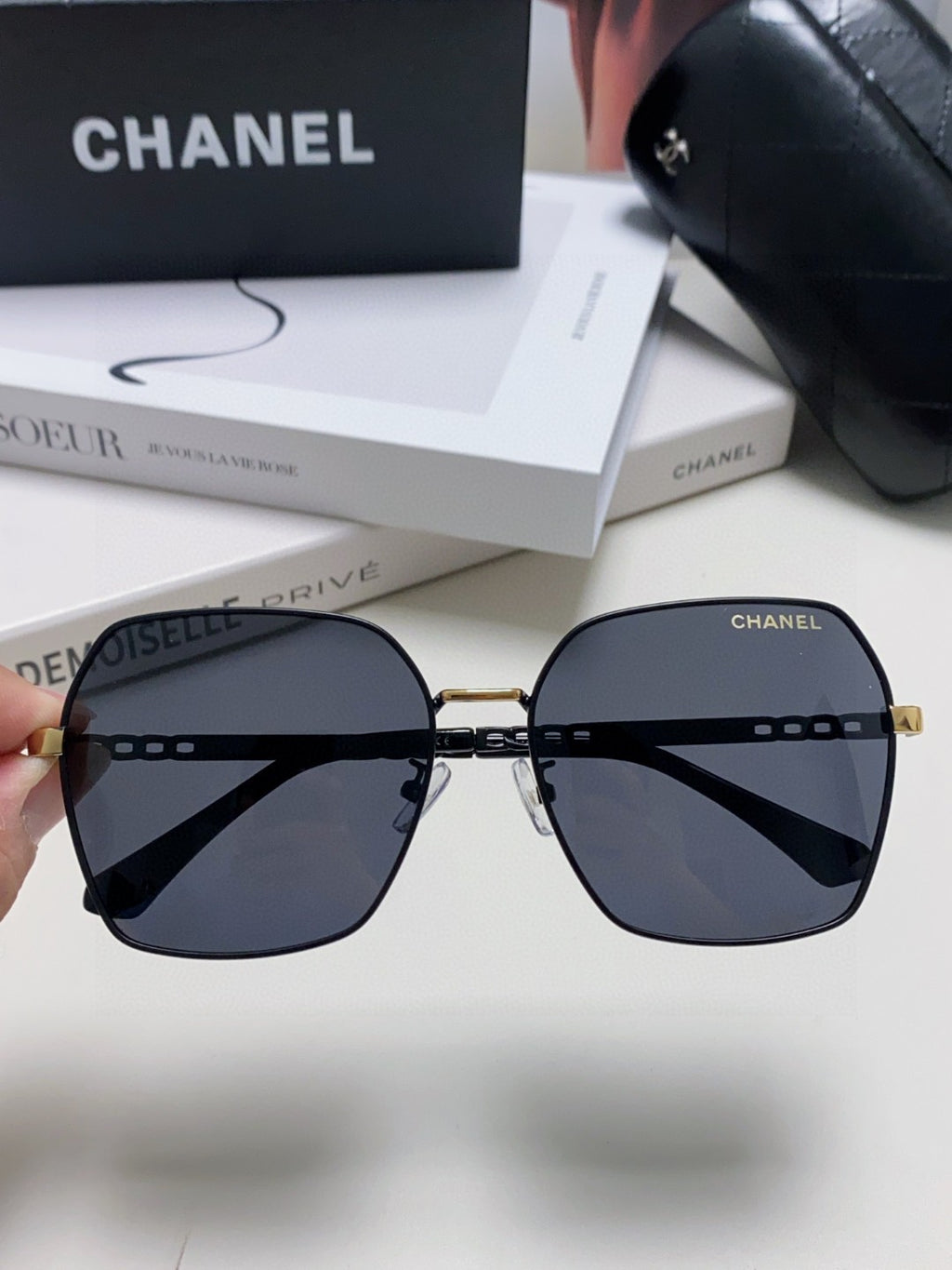 Chanel Metal Oversized Black Lens Sunglasses for Men & Women - detail image 3
