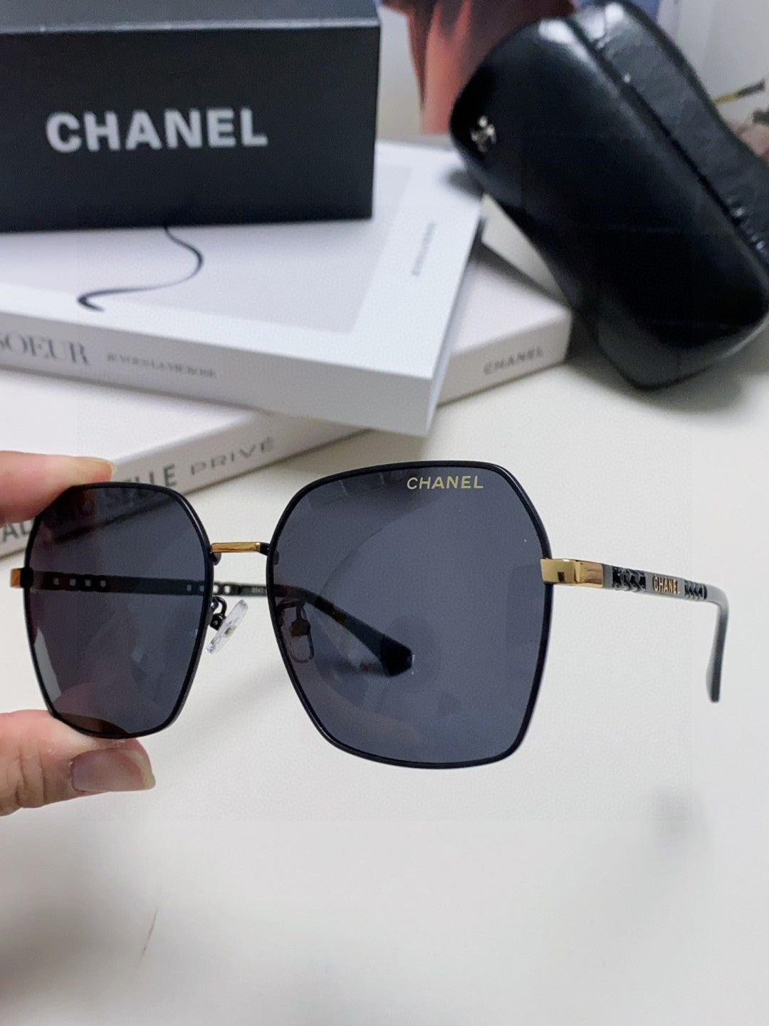 Chanel Metal Oversized Black Lens Sunglasses for Men & Women - detail image 5