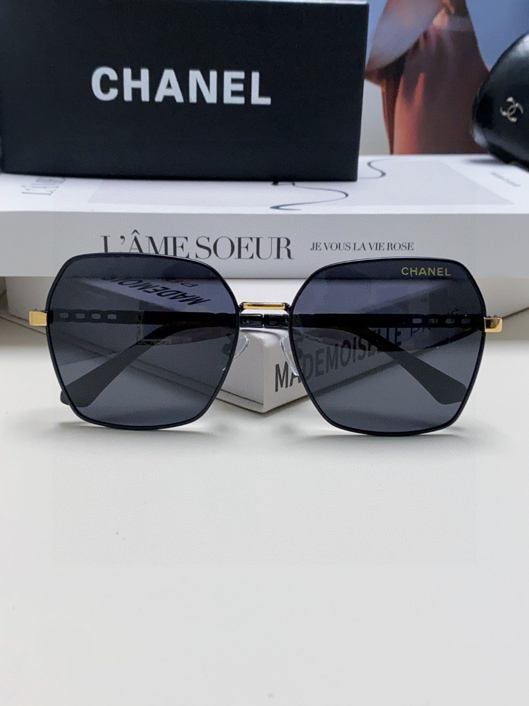 Chanel Metal Oversized Black Lens Sunglasses for Men & Women - detail image 6