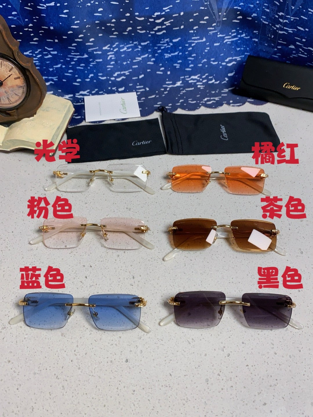 Cartier Lightweight Rimless Blue Lens Sunglasses for Men & Women - 449484 - detail image 12