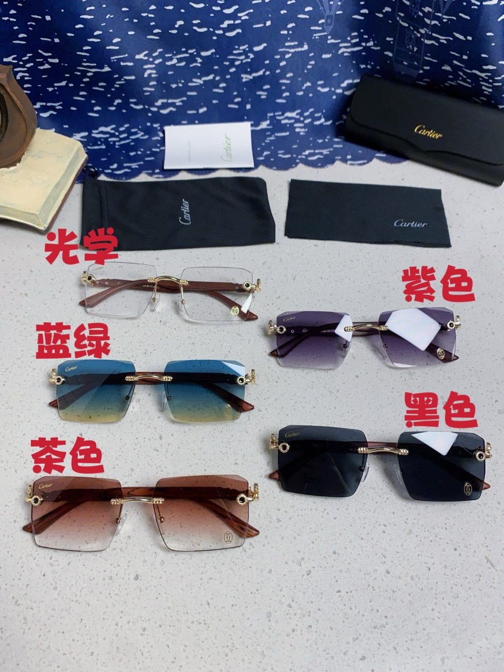 Cartier Lightweight Rimless Blue Lens Sunglasses for Men & Women - 487374 - detail image 12