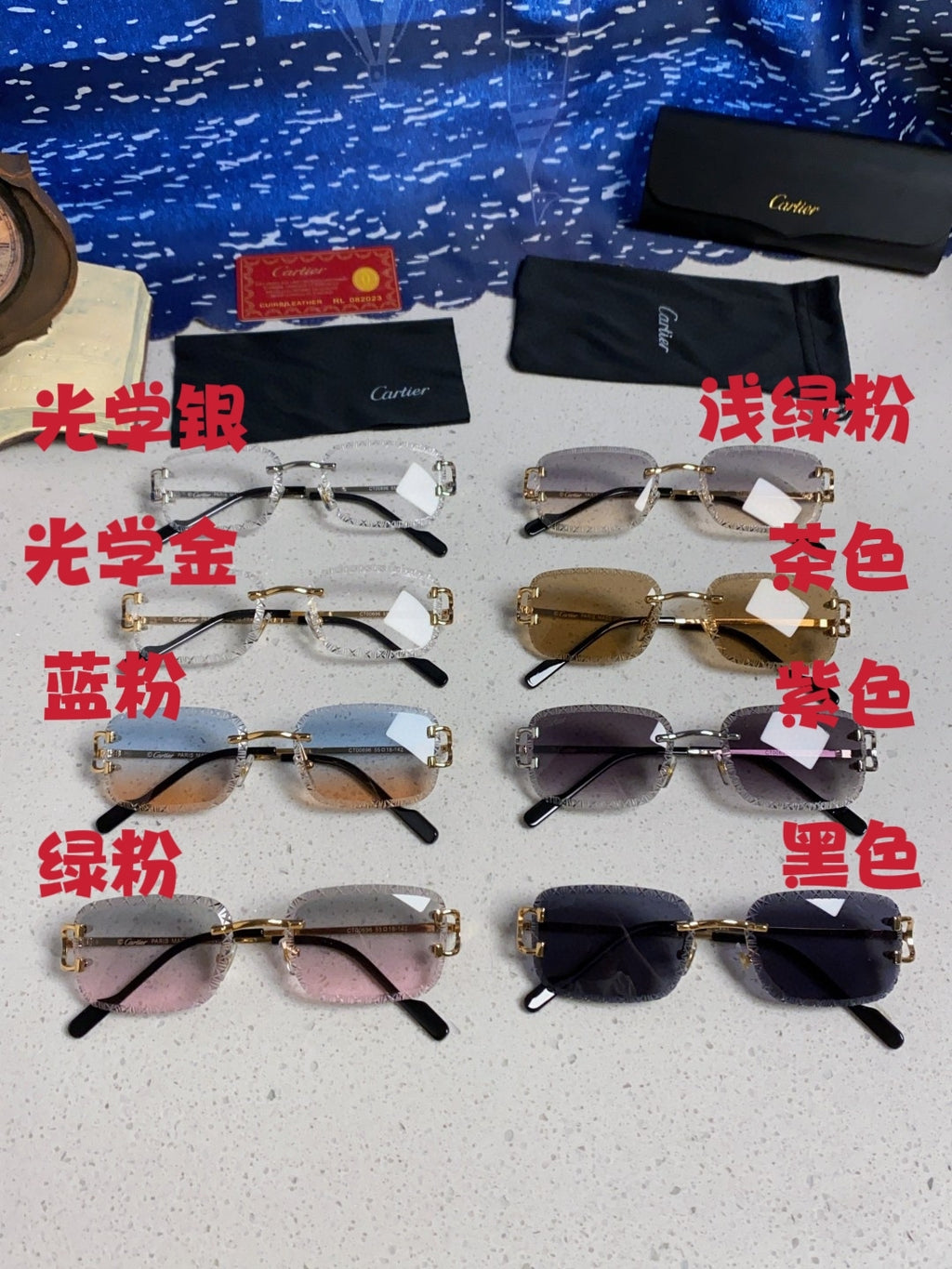 Cartier Metal Square Blue Lens Sunglasses for Men & Women - detail image 12