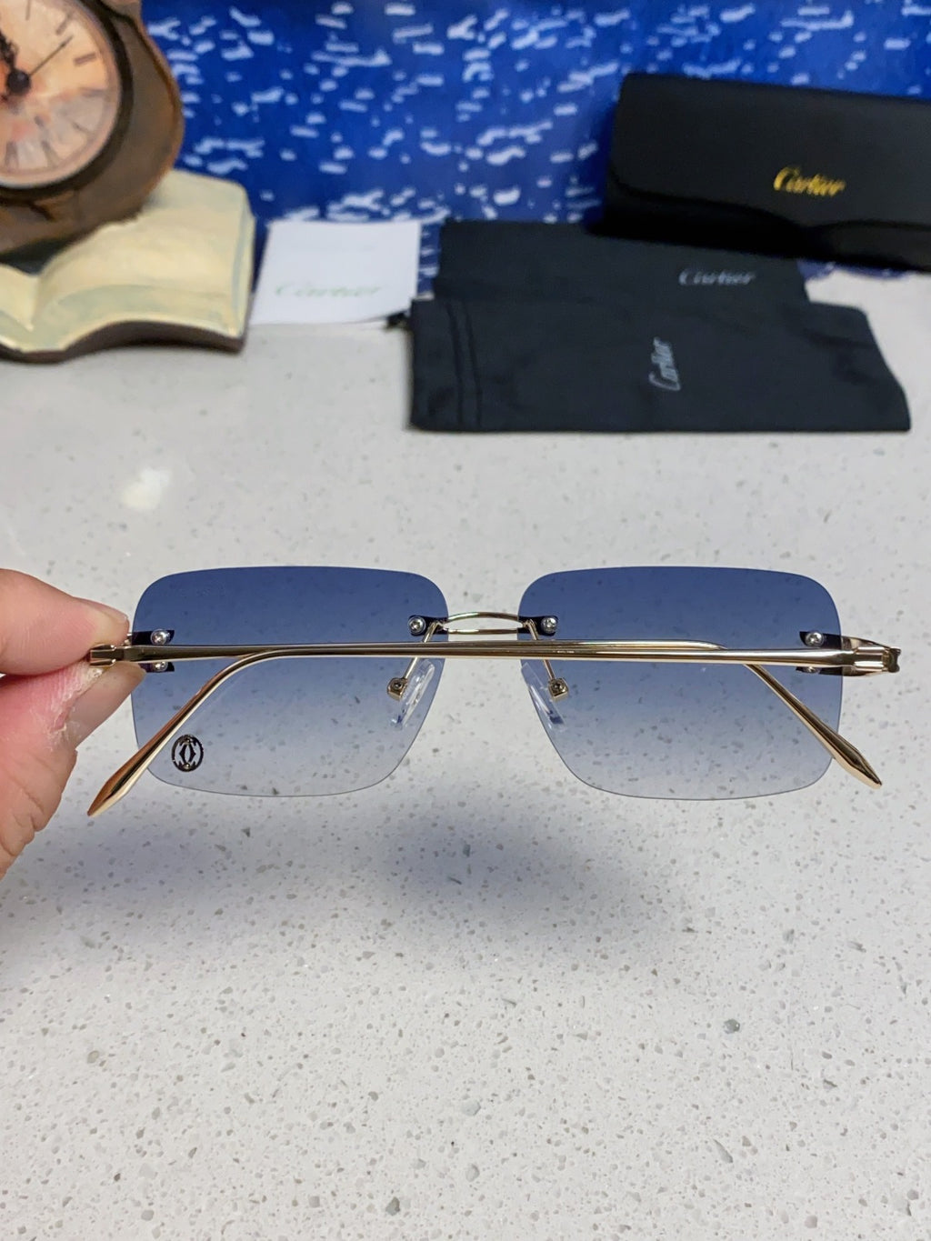 Cartier Lightweight Rimless Blue Lens Sunglasses for Men & Women - 465790 - detail image 5