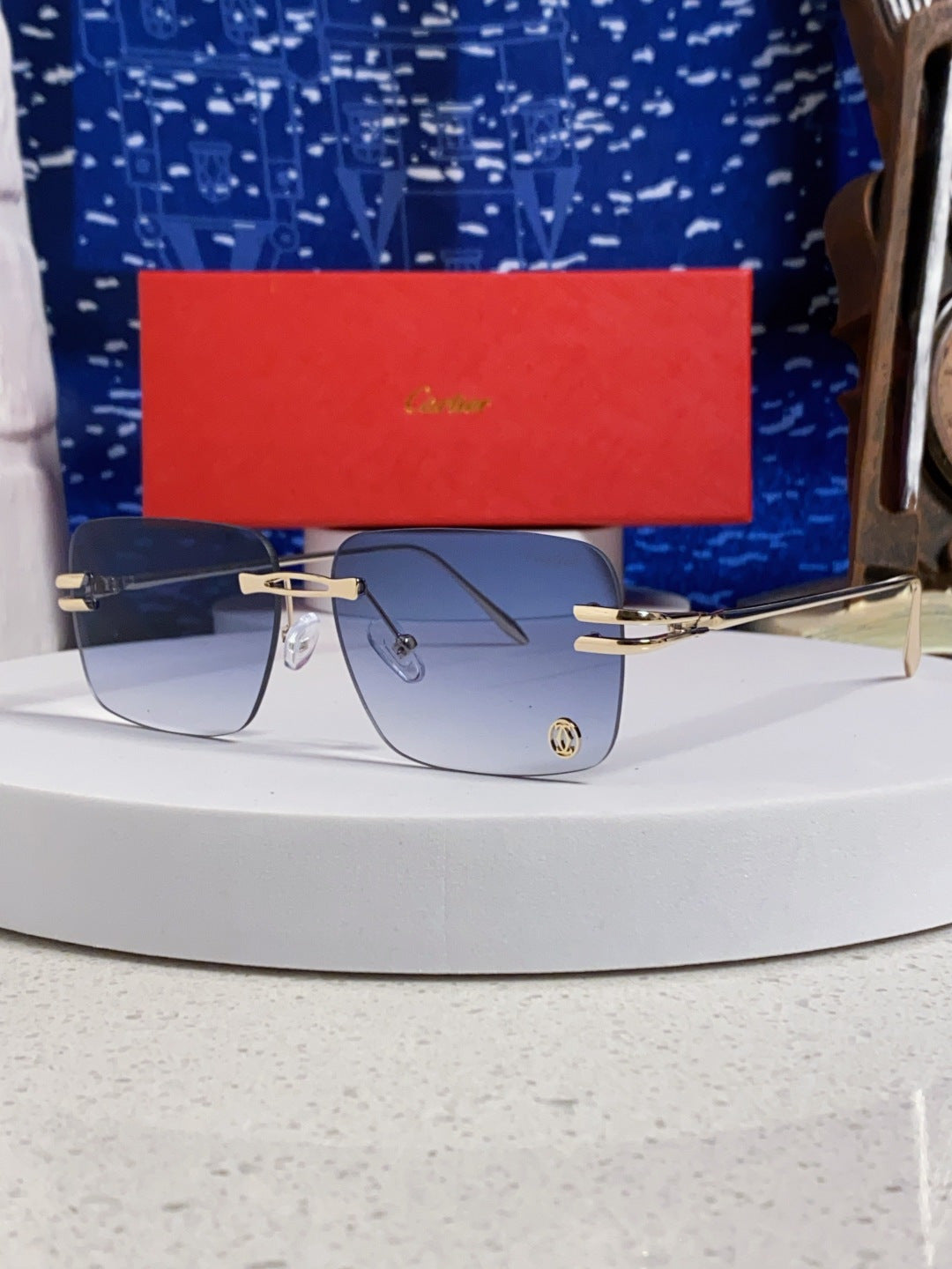 Cartier Lightweight Rimless Blue Lens Sunglasses for Men & Women - 465790
