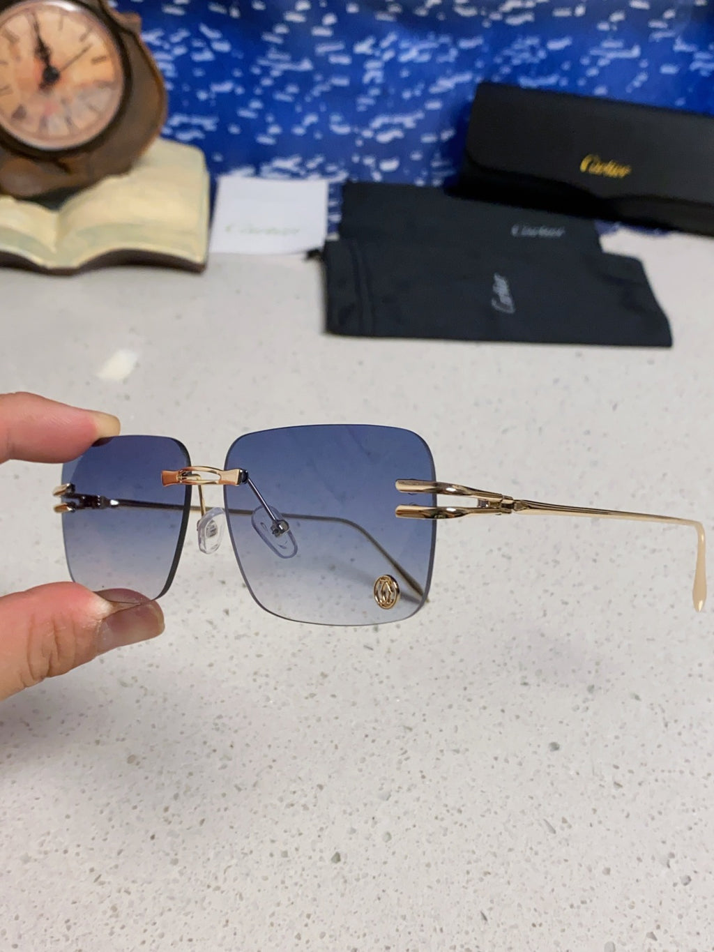 Cartier Lightweight Rimless Blue Lens Sunglasses for Men & Women - 465790 - detail image 6