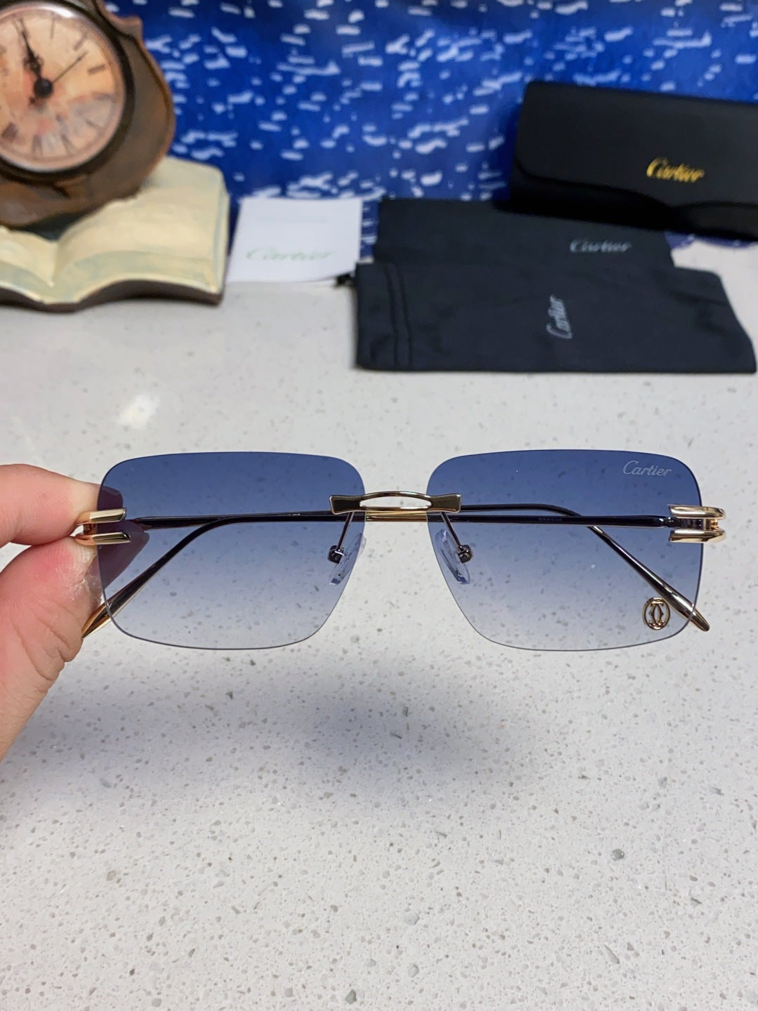 Cartier Lightweight Rimless Blue Lens Sunglasses for Men & Women - 465790 - detail image 4