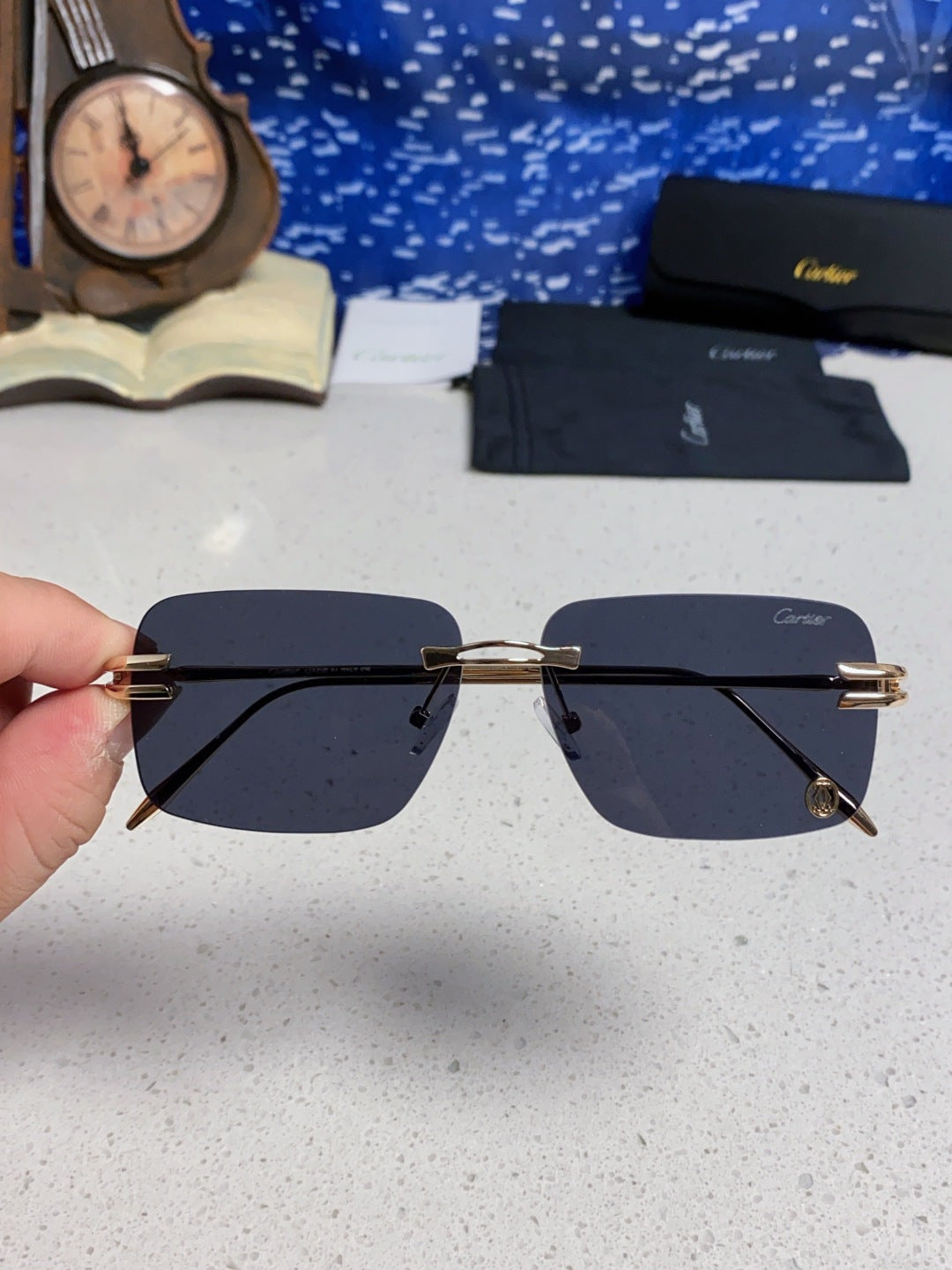 Cartier Lightweight Rimless Blue Lens Sunglasses for Men & Women - 465792 - detail image 4