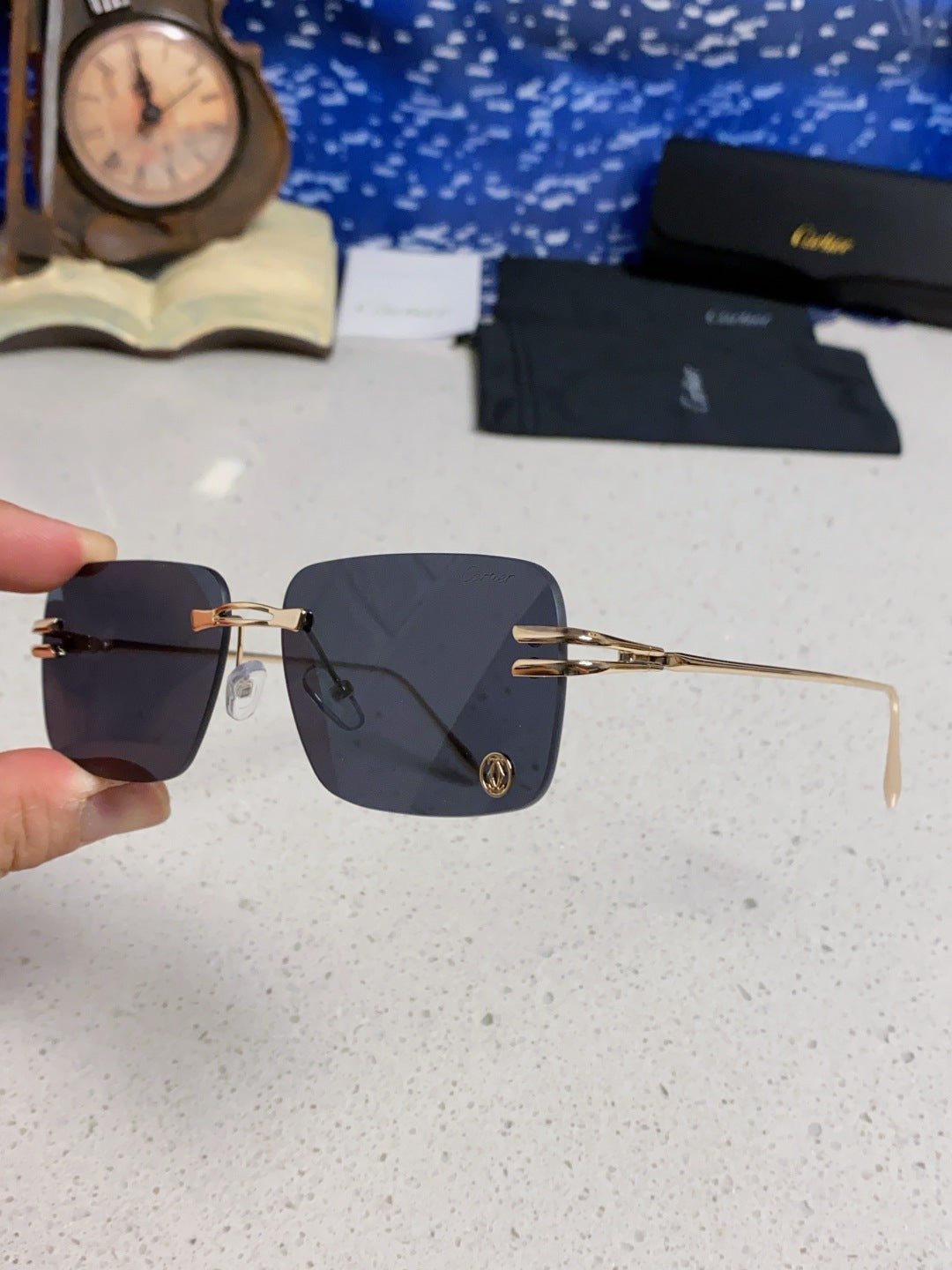 Cartier Lightweight Rimless Blue Lens Sunglasses for Men & Women - 465792 - detail image 6