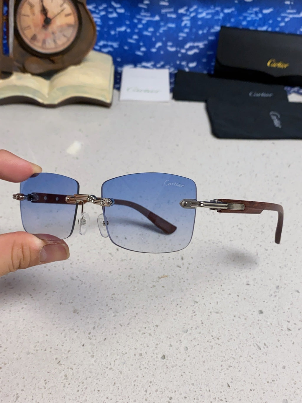 Cartier Lightweight Rimless Blue Lens Sunglasses for Men & Women - 432337 - detail image 6