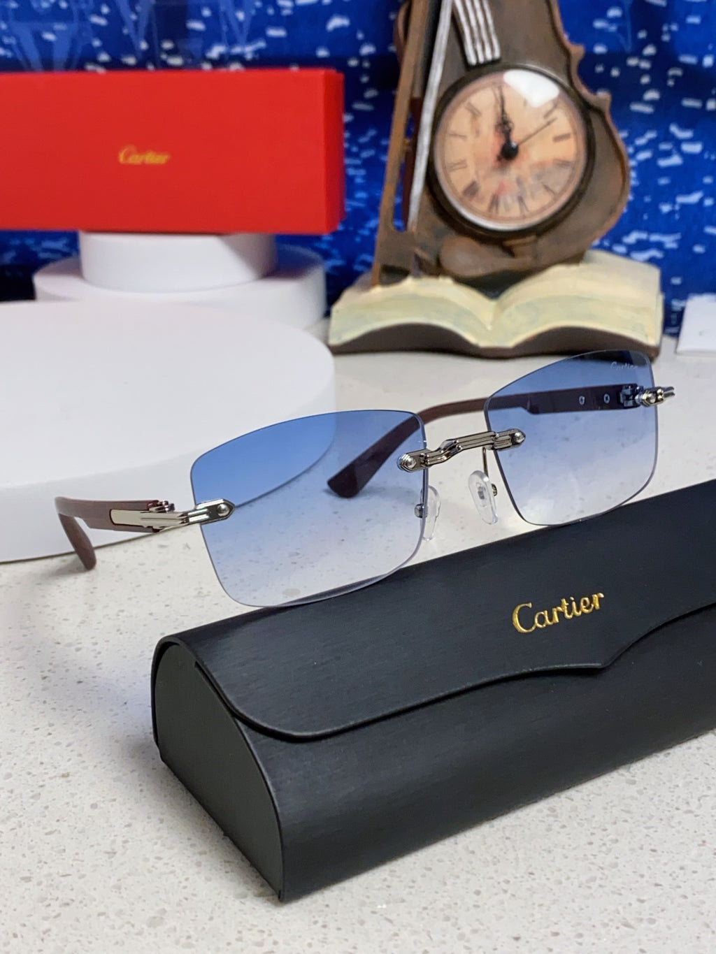 Cartier Lightweight Rimless Blue Lens Sunglasses for Men & Women - 432337 - detail image 10