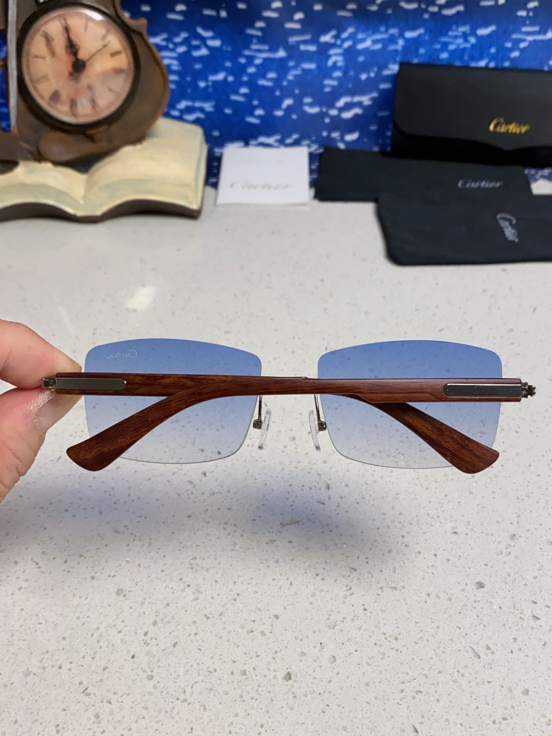Cartier Lightweight Rimless Blue Lens Sunglasses for Men & Women - 432337 - detail image 5