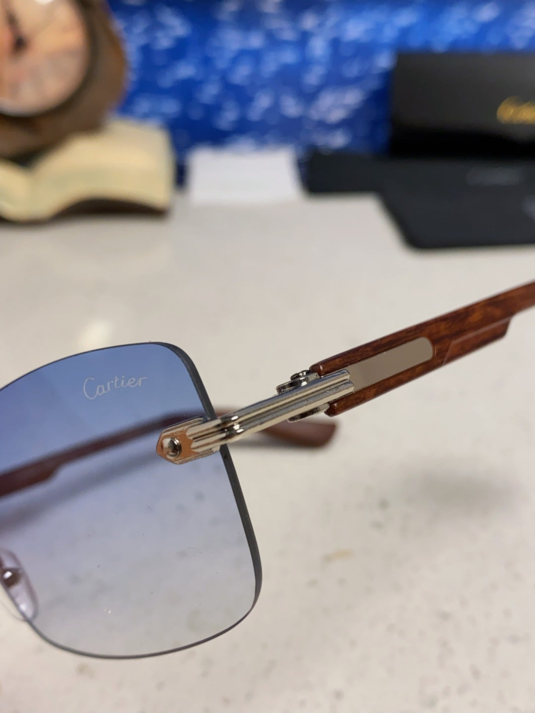 Cartier Lightweight Rimless Blue Lens Sunglasses for Men & Women - 432337 - detail image 7