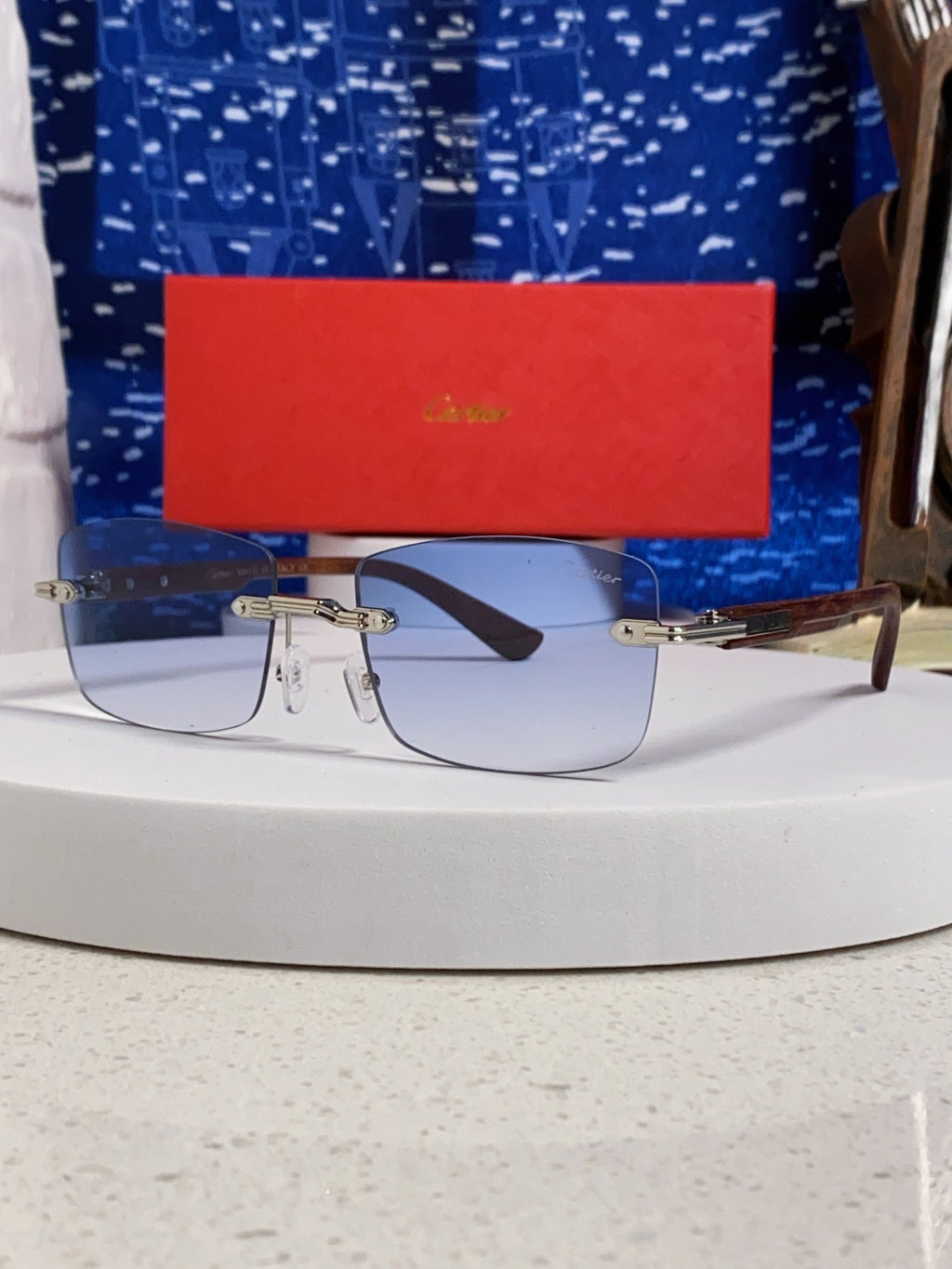 Cartier Lightweight Rimless Blue Lens Sunglasses for Men & Women - 432337