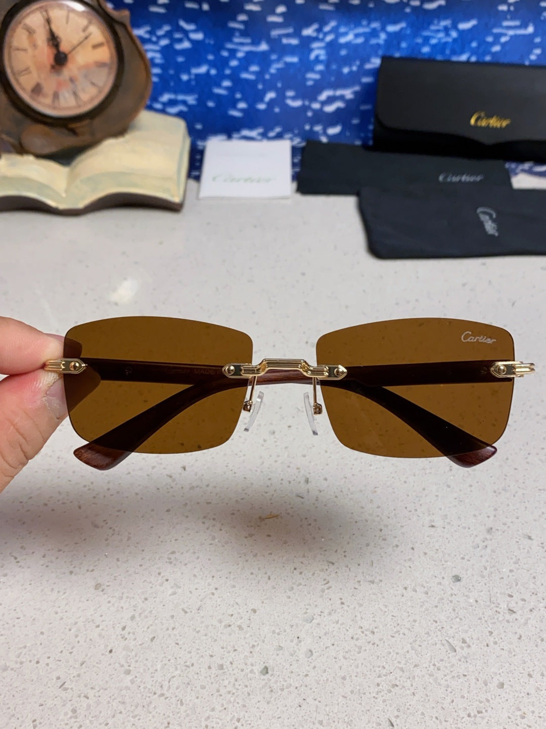 Cartier Lightweight Rimless Brown Lens Sunglasses for Men & Women - 432338 - detail image 4