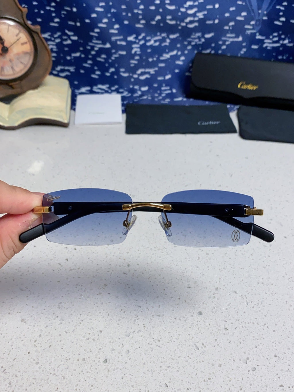 Cartier Lightweight Rimless Blue Lens Sunglasses for Men & Women - 465904 - detail image 4