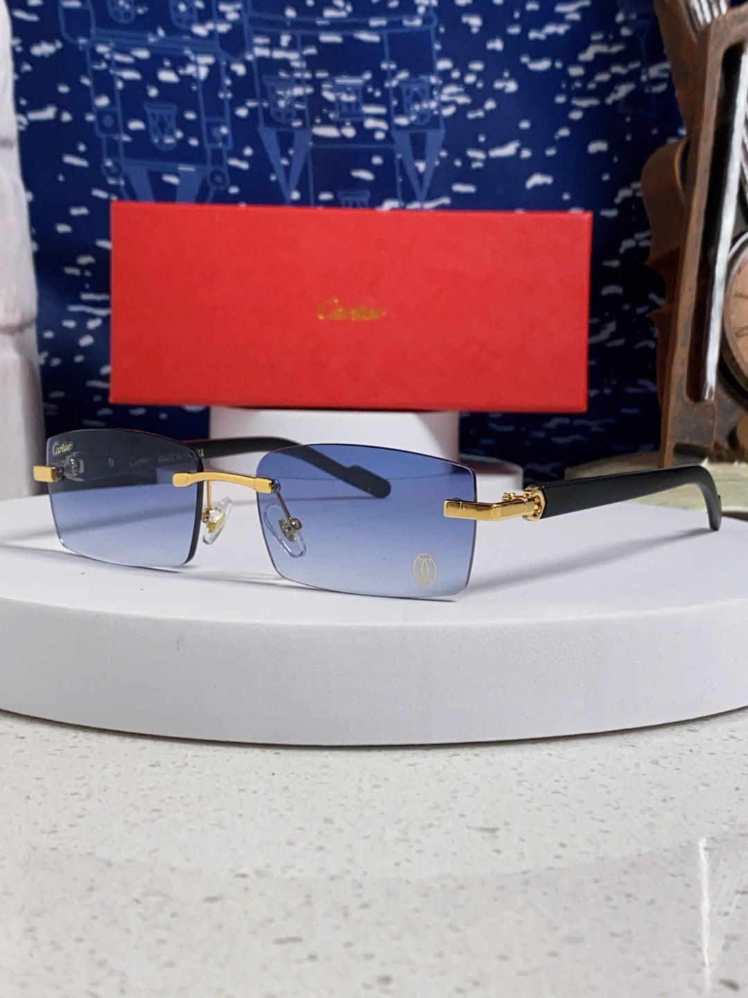 Cartier Lightweight Rimless Blue Lens Sunglasses for Men & Women - 465904