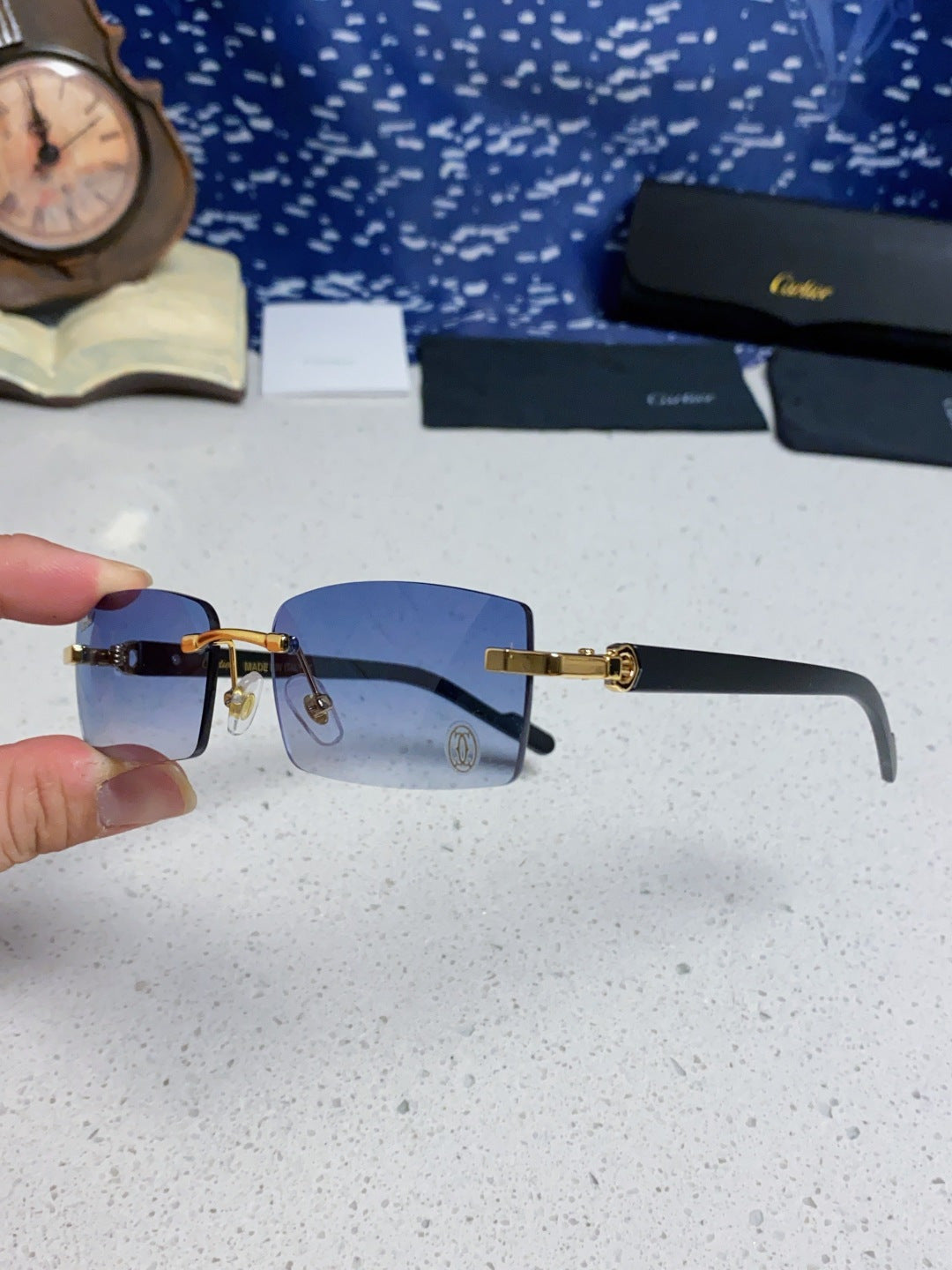 Cartier Lightweight Rimless Blue Lens Sunglasses for Men & Women - 465904 - detail image 6