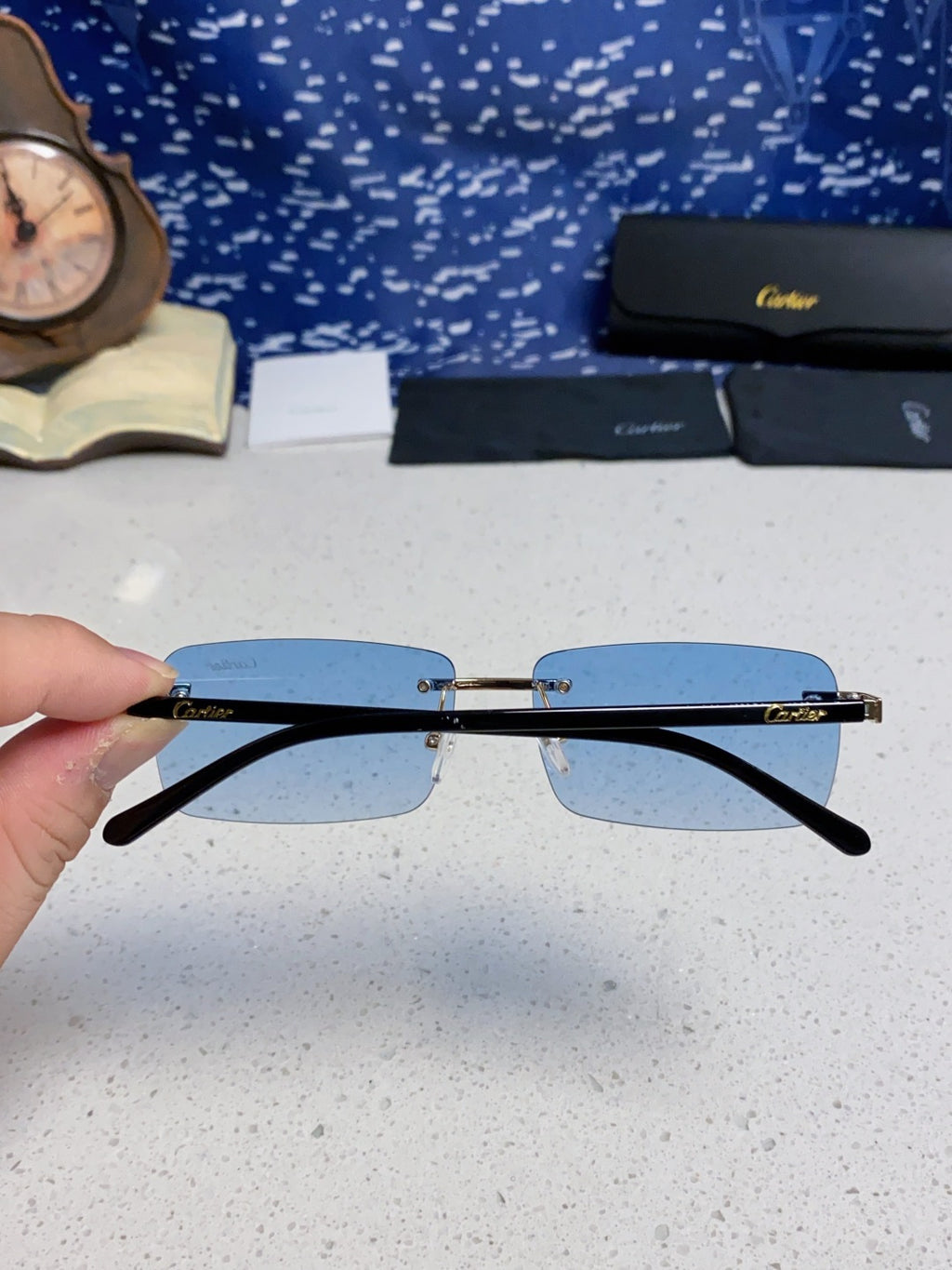 Cartier Metal Fashion Blue Lens Sunglasses for Men & Women - detail image 4