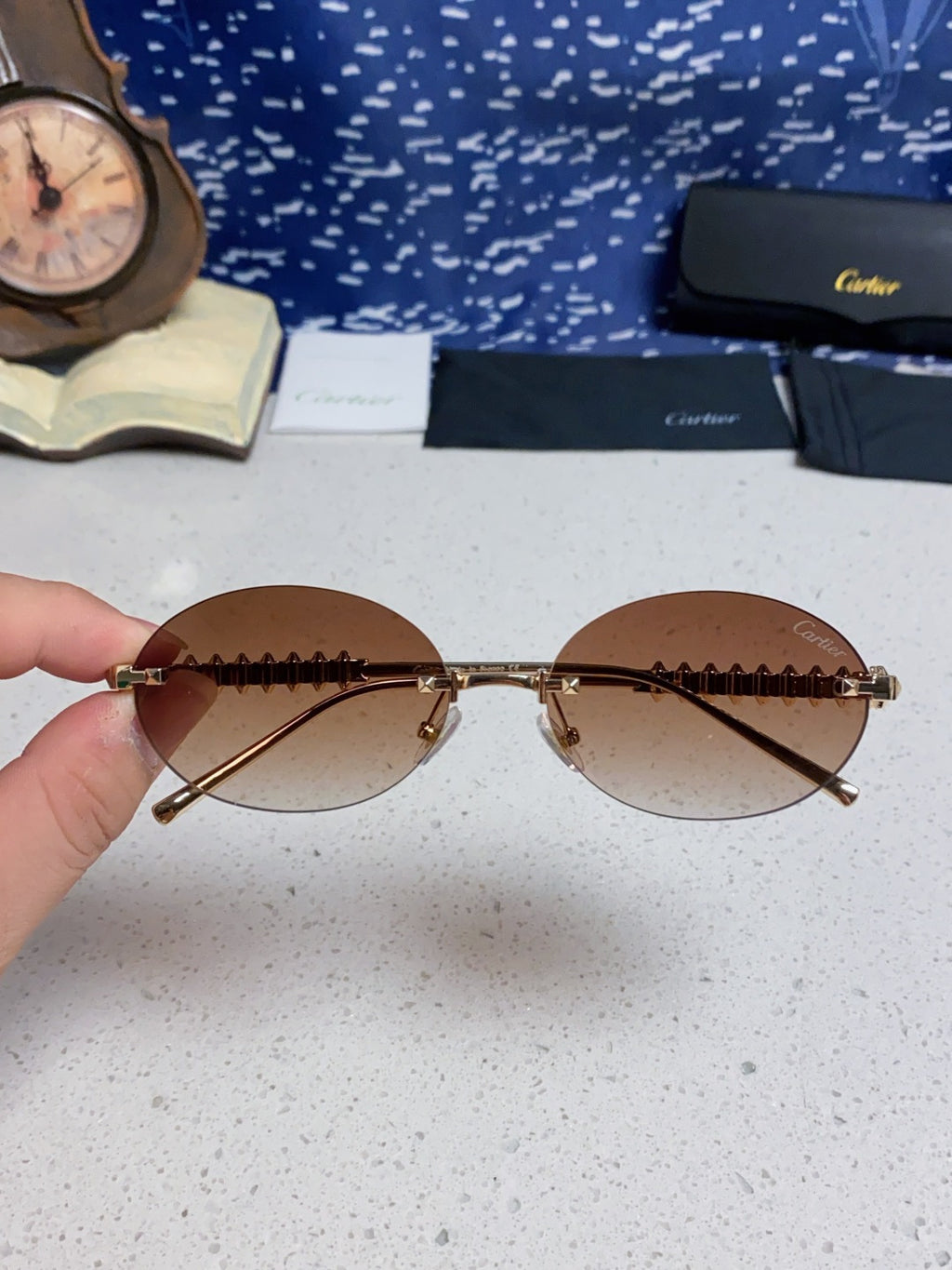 Cartier Lightweight Rimless Brown Lens Sunglasses for Men & Women - 449430 - detail image 4
