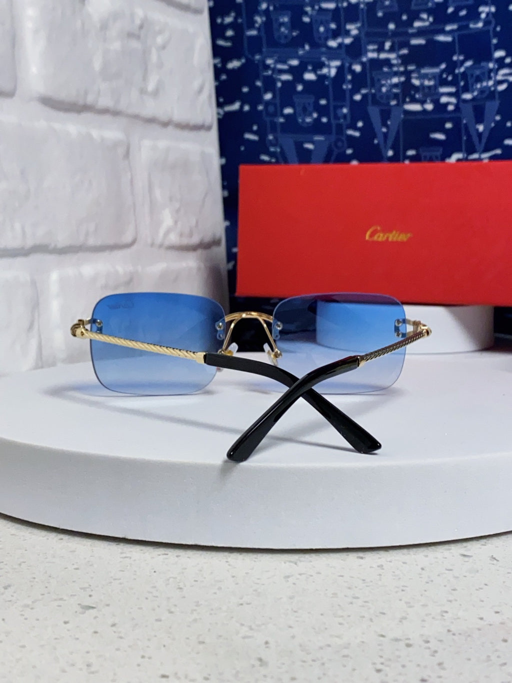 Cartier Lightweight Rimless Blue Lens Sunglasses for Men & Women - 449435 - detail image 3