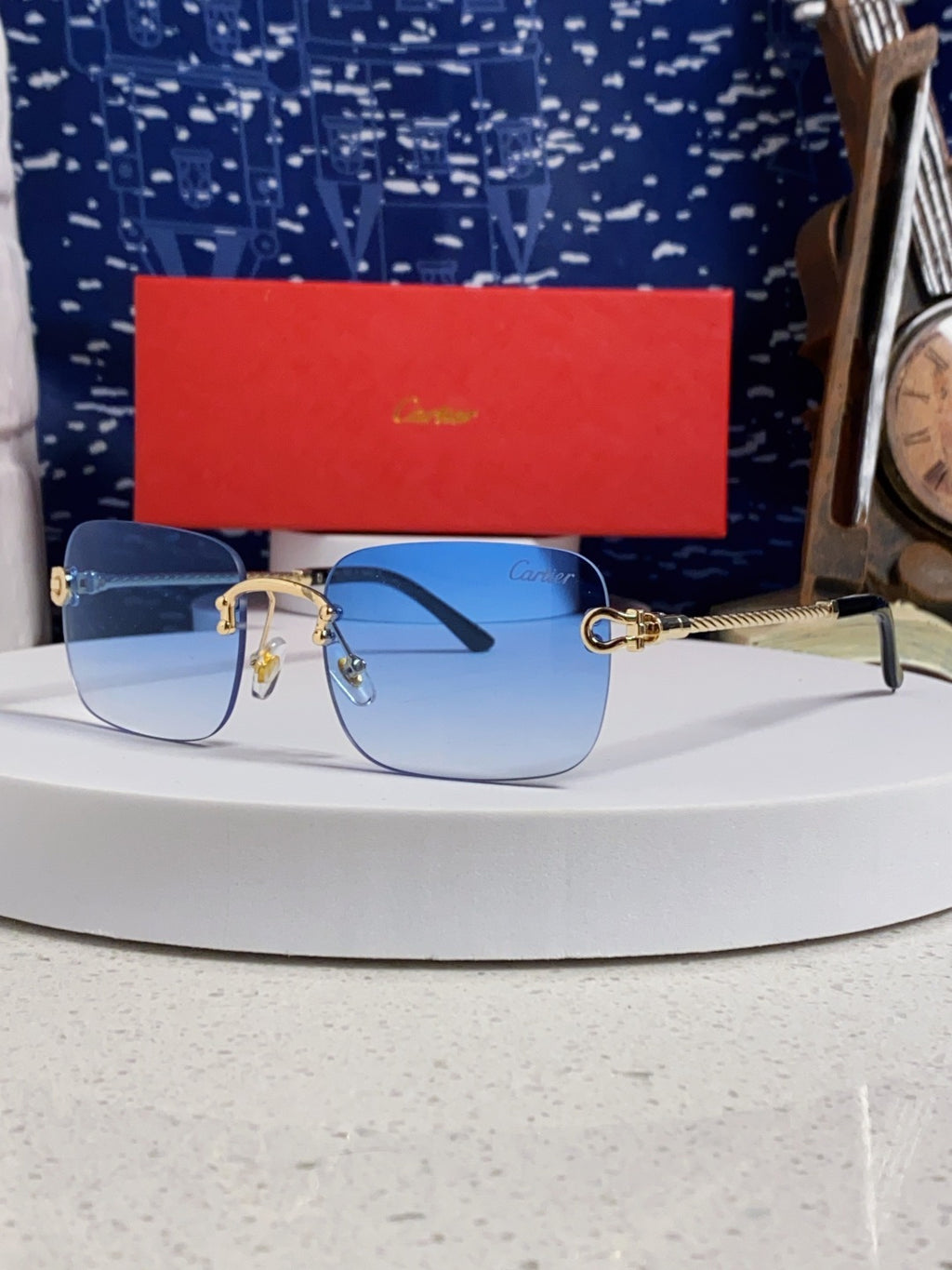 Cartier Lightweight Rimless Blue Lens Sunglasses for Men & Women - 449435