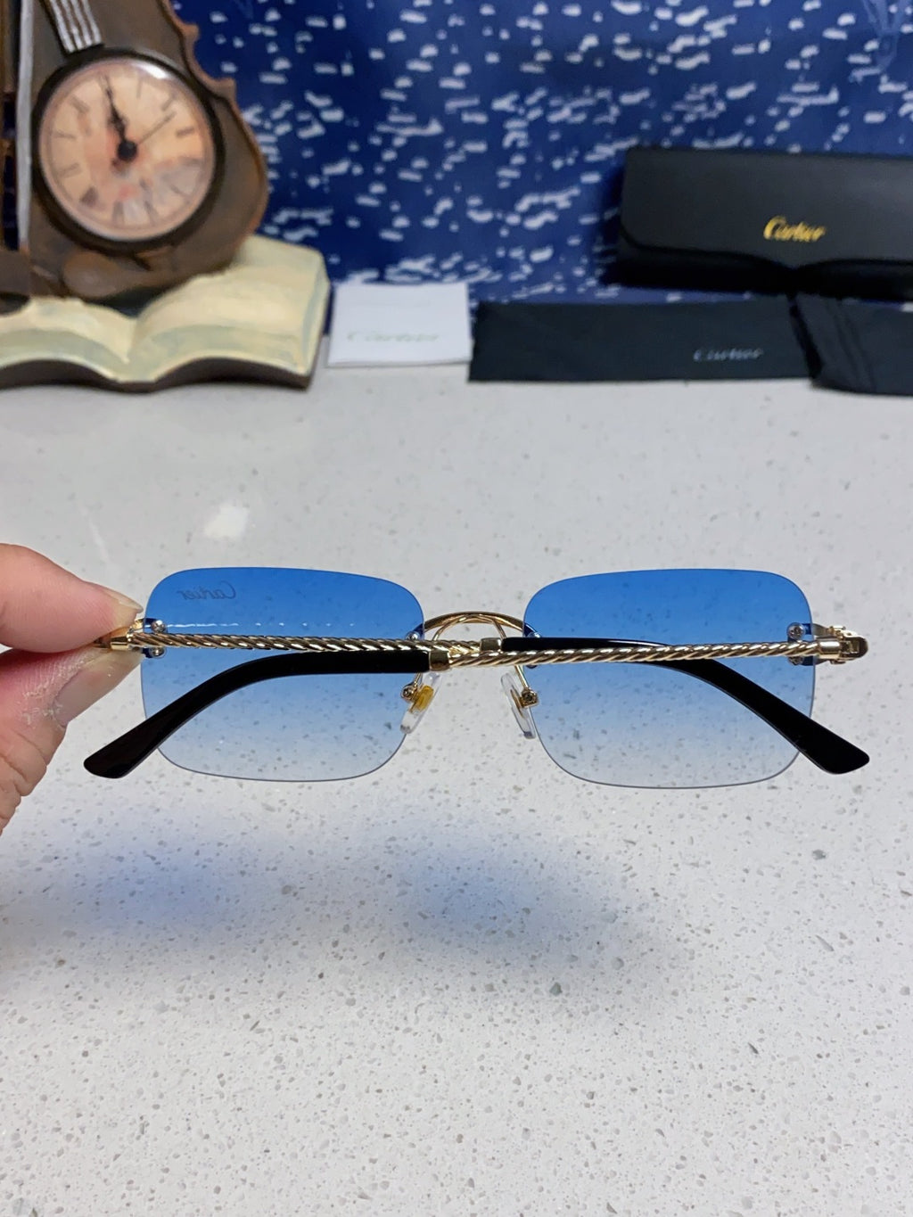 Cartier Lightweight Rimless Blue Lens Sunglasses for Men & Women - 415843 - detail image 5