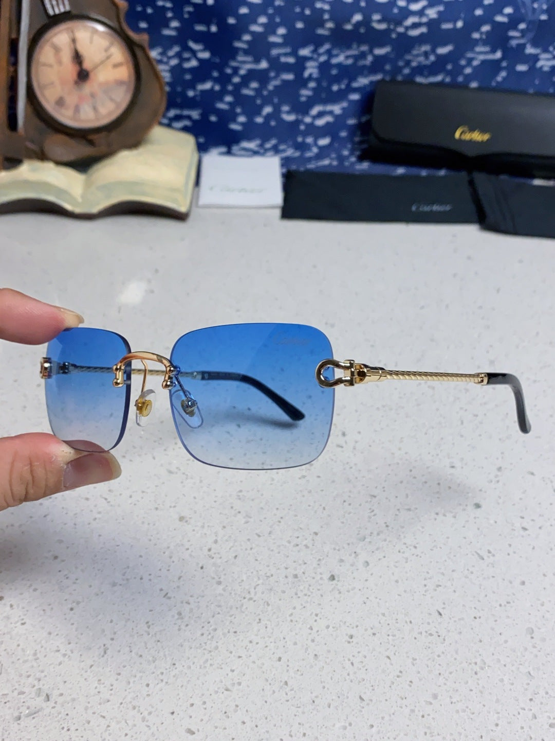 Cartier Lightweight Rimless Blue Lens Sunglasses for Men & Women - 449435 - detail image 6